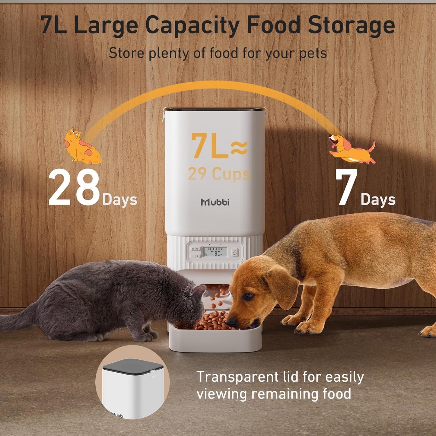 Automatic Cat Feeders, 7L/29 Cups Automatic Dog Feeder with Desiccant Bag, 1-6 Meals Ideal for 2-15mm Dry Food, Suitble for Multiple Pets, Dual Power Supply, Detachable Washable, White