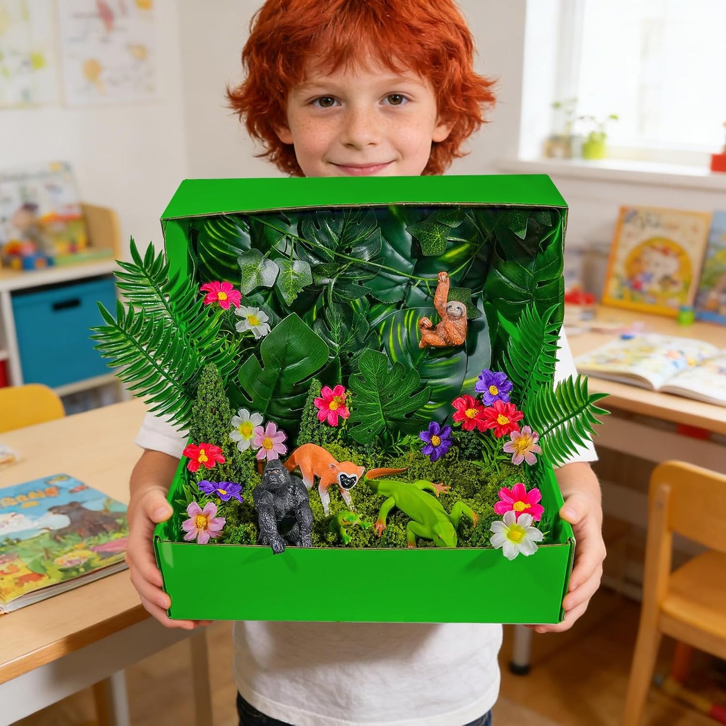 Warmtree 57 Pcs Rainforest Diorama Kit Forest Animals Figures Assorted Creatures Rainforest Diorama Supplies Animals Model Trees for Rainforest Cake Topper Birthday Party DIY Craft Projects