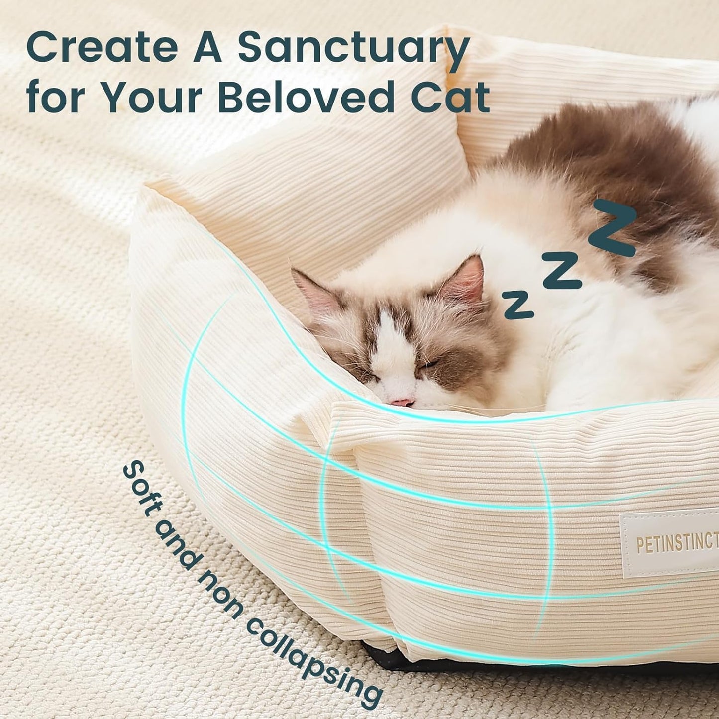 Cat Bed, 22 Inch Washable Corduroy Cat and Small Dog Bed with Removable Cover & Anti-Slip Bottom, Calming Comfort Pet Bed for Pets up to 15 lbs (Cream White)