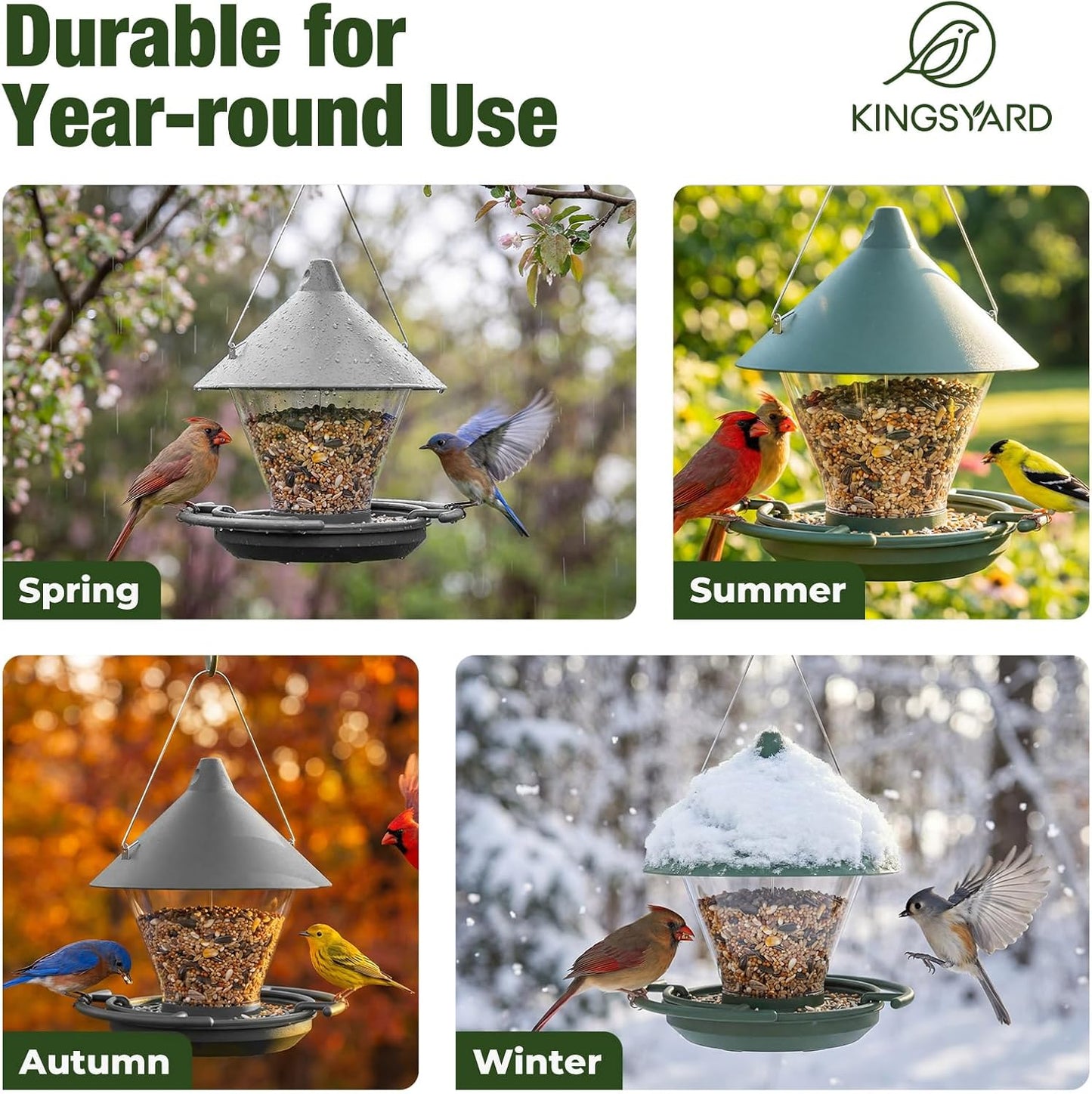 Kingsyard Wild Bird Feeder for Outdoors Hanging, No-Waste Tray with Seed Guard & Circular Perch, Garden Yard for Cardinal Finch, 4 lb Large Capacity, Green