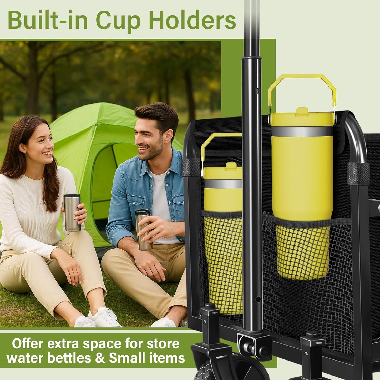 Wagons Carts Foldable, 280LBS Heavy Duty Collapsible Wagon Cart with Wheels, Portable Folding Utility Cart with Adjustable Handle & Cup Holder for Grocery, Camping, Sports, Outdoor, Garden - Black