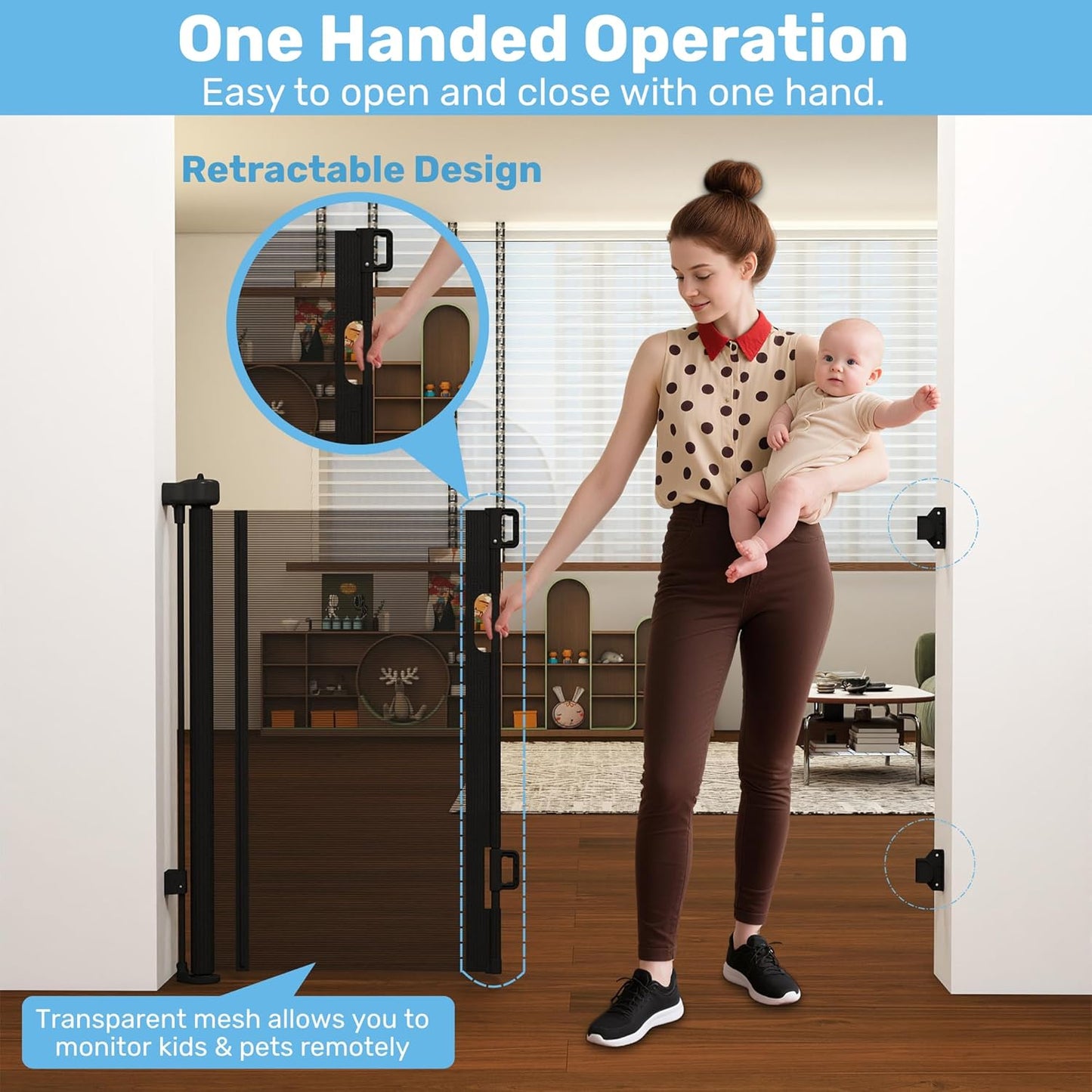 Retractable Baby Gates for Stairs & Doorways - 71” Wide Mesh Safety Gate for Toddlers, Dog & Pets - Use for Indoor/Outdoor, Hallways, Deck, Porch - Easy Installation, Secure Closure