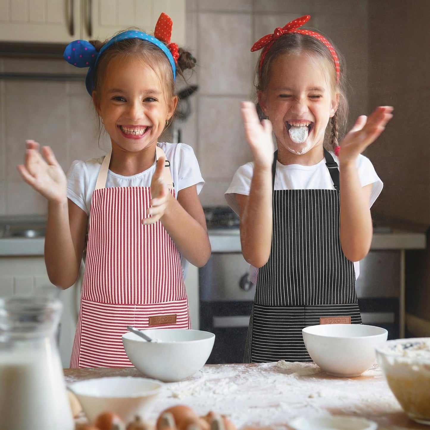 2 Pack Stripes Kids Apron, Kids Cooking Aprons with 2 Pockets, Cute Aprons for Cooking for Boys and Girls
