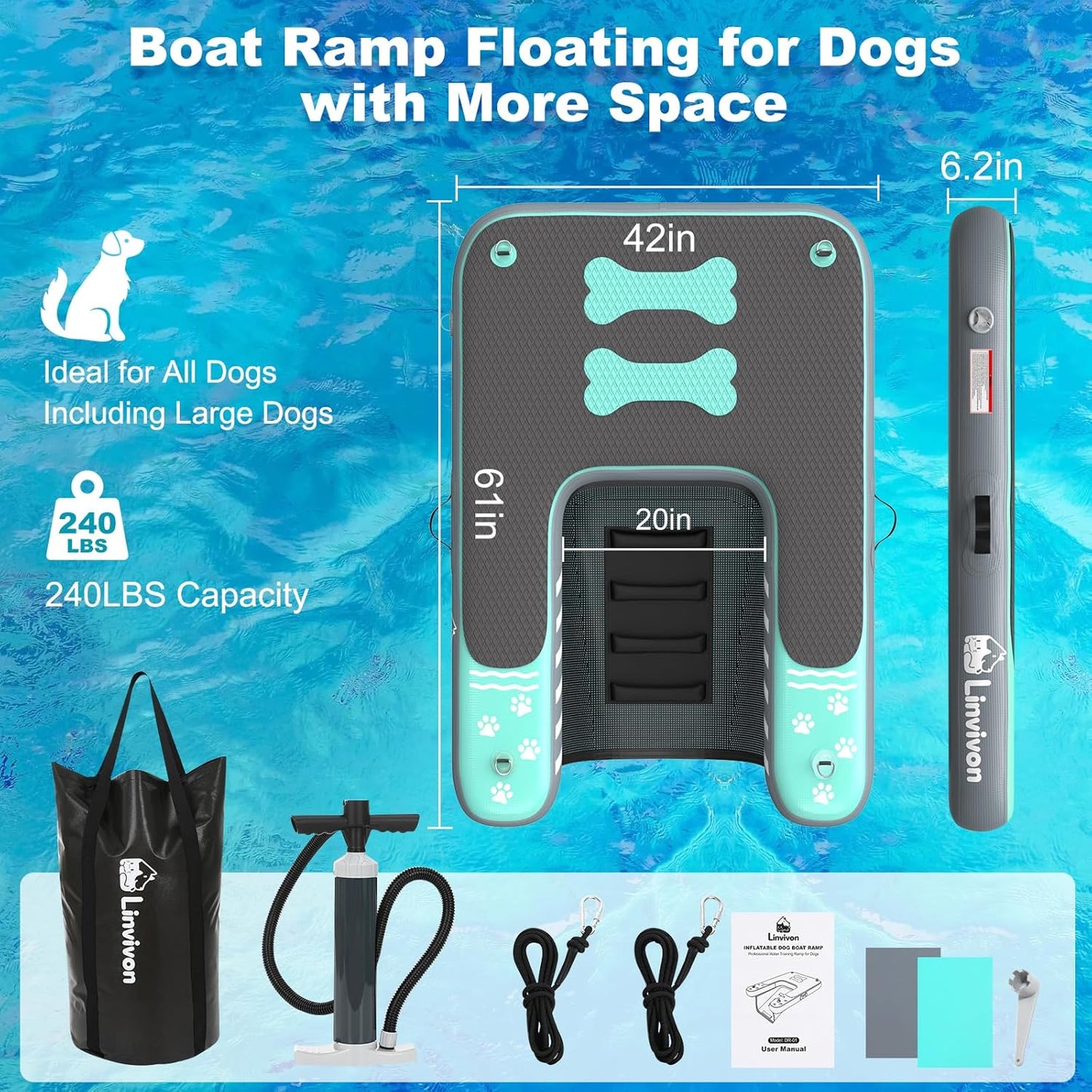Inflatable Dog Boat Ramp for Dogs Up to 240 lbs, Inflatable Dock Floating Platform with Anti-Slip EVA Foam Safe & Easy Water Access, Dog Ramp for Boat, Pools, Lakes, Boats, Docks, Green