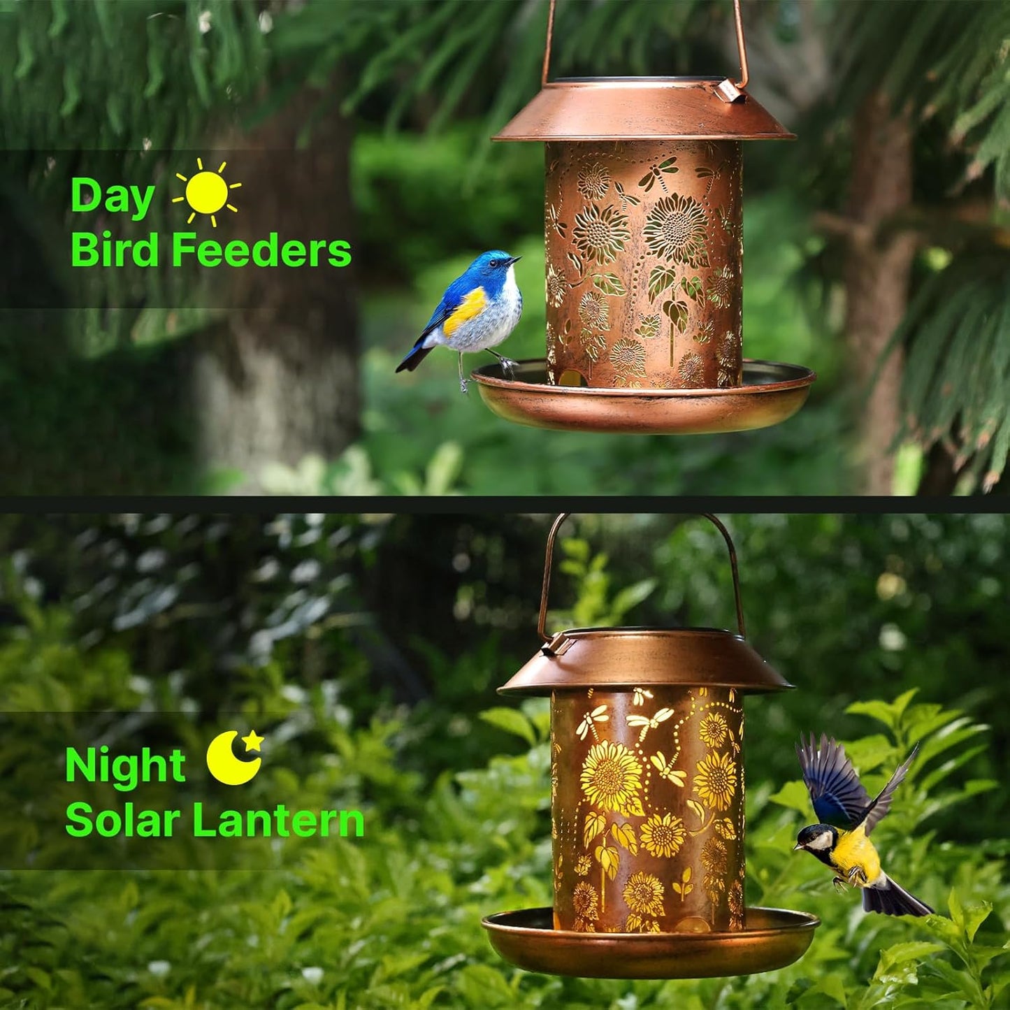 Bird Feeders for Outdoors Hanging,Metal Wild Bird Feeder Solar Lanterns Outdoor Waterproof Spring Decor Garden Gifts for Women Mom Bird Lovers,Decoration for Yard,Patio,Porch,Balcony