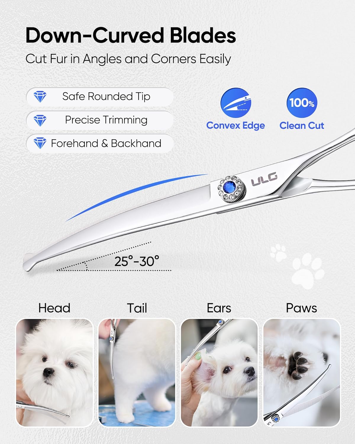 ULG Curved Dog Shears for Grooming, 7 Inch Professional Curved Dog Grooming Scissors for Trimming and Cutting, 440C Stainless Steel Pet Hair Scissors