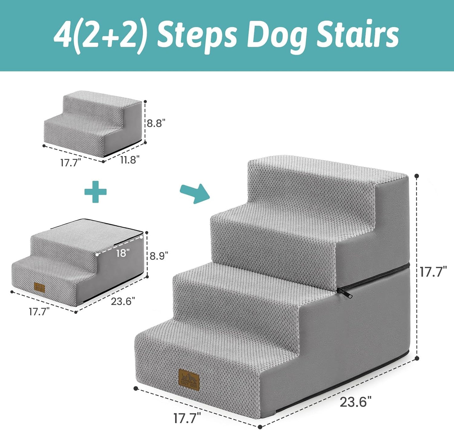 Dog Stairs for Small Dogs, 4 Tier Removable Wider Pet Stairs for Couch and Bed, 17.7" H Dog Steps for Old Cats, Puppy, Small Dogs, 17.7x23.6x17.7 inch, Gray