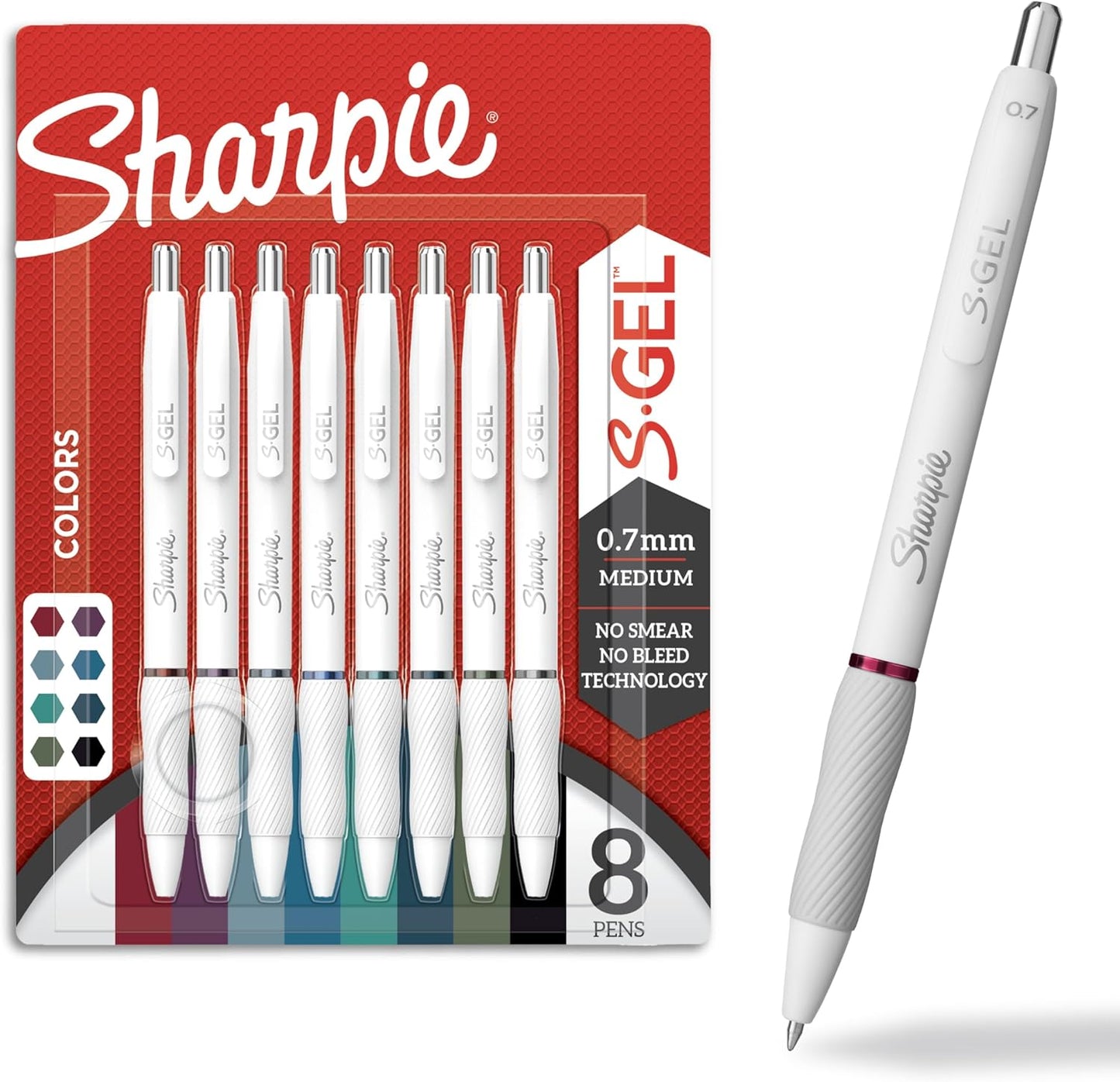 Sharpie S-Gel Pens Fashion Barrel Gel Pens Pearl White Body Medium (0.7mm) Point Bold Ink Colors 8 Count