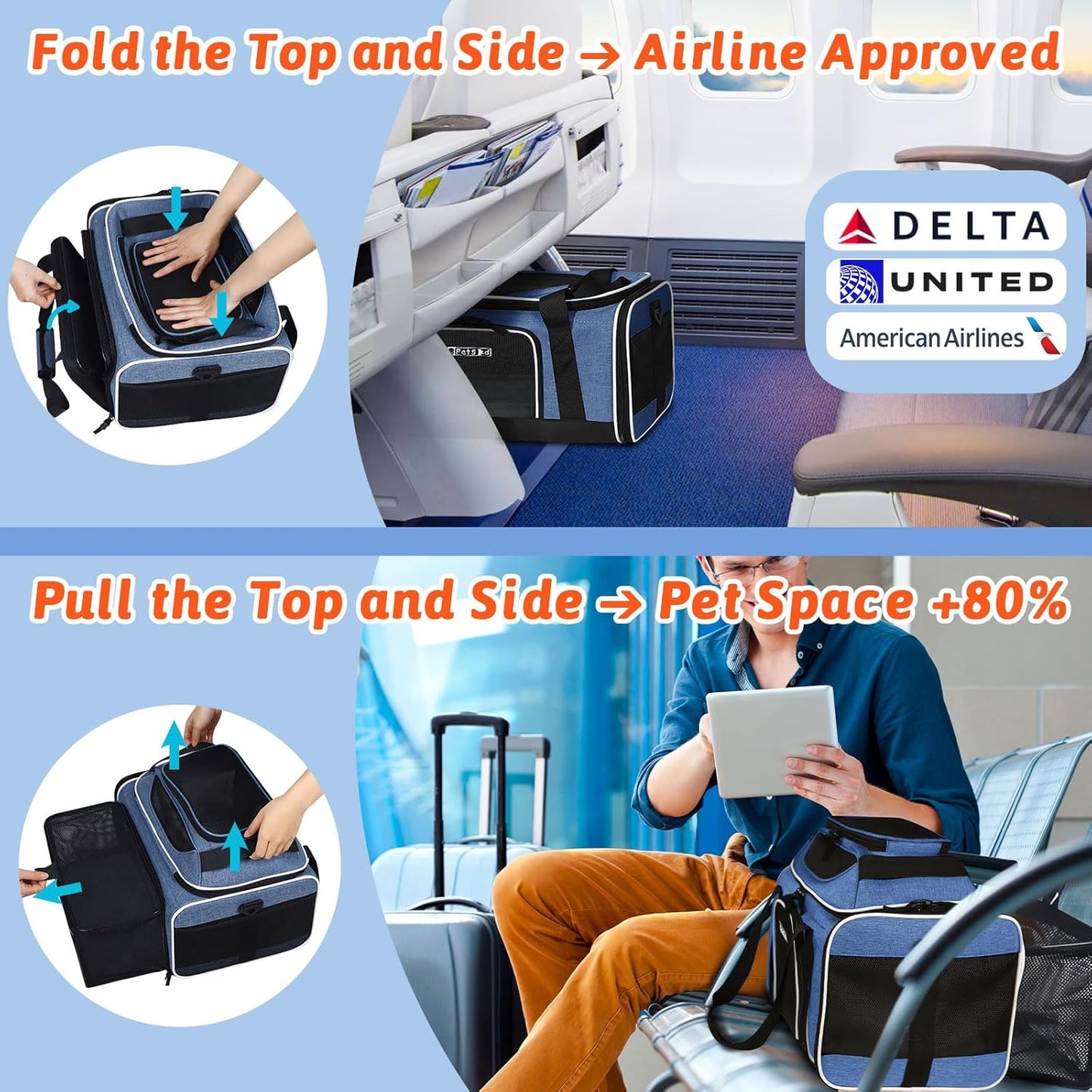 Petskd Top and Side Expandable Pet Carrier 18x11x11 Inches Delta United Airline Approved, Soft-Sided Carrier for Small Cats and Dogs with Locking Safety Zippers and Anti-Scratch Mesh(Blue)
