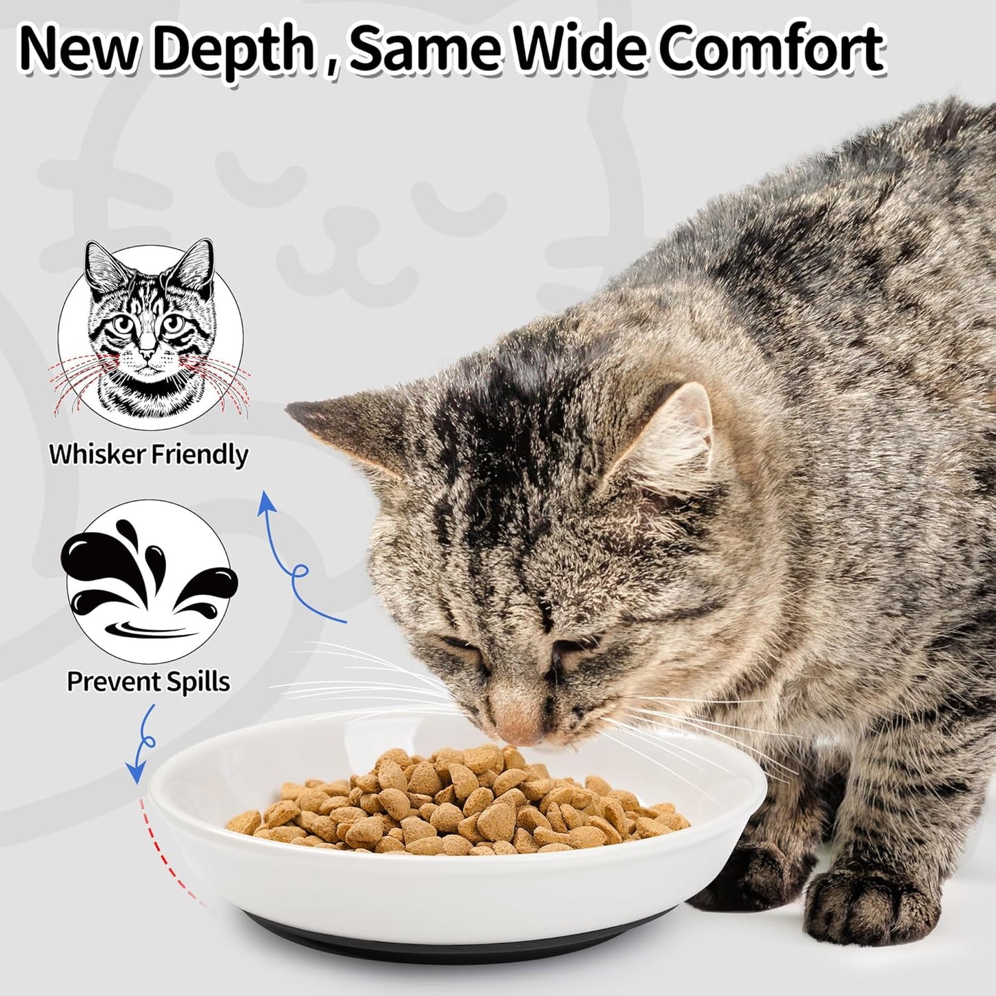 Cat Food Bowls, Whisker Friendly Ceramic Cats Bowls with Nonslip Silicone Base, Pack of 3 Quiet Dishes and Plates for Feeding Indoor Cats, Kittens and Small Dogs(Fishbone,Deeper)