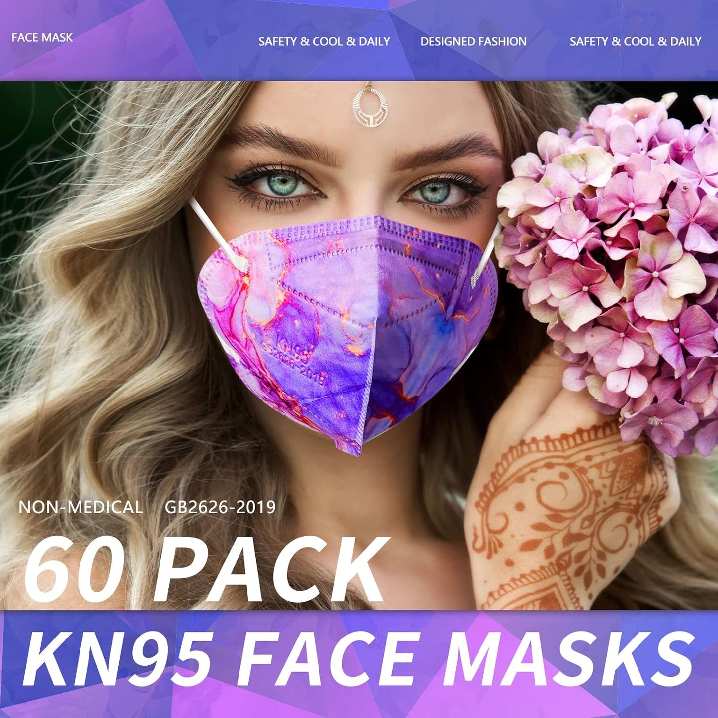 KN95 Face Masks, 60 Pack Individually Wrapped KN95 Masks, 5 layer Colorful Floral Face Mask with Design for Adults Women Men