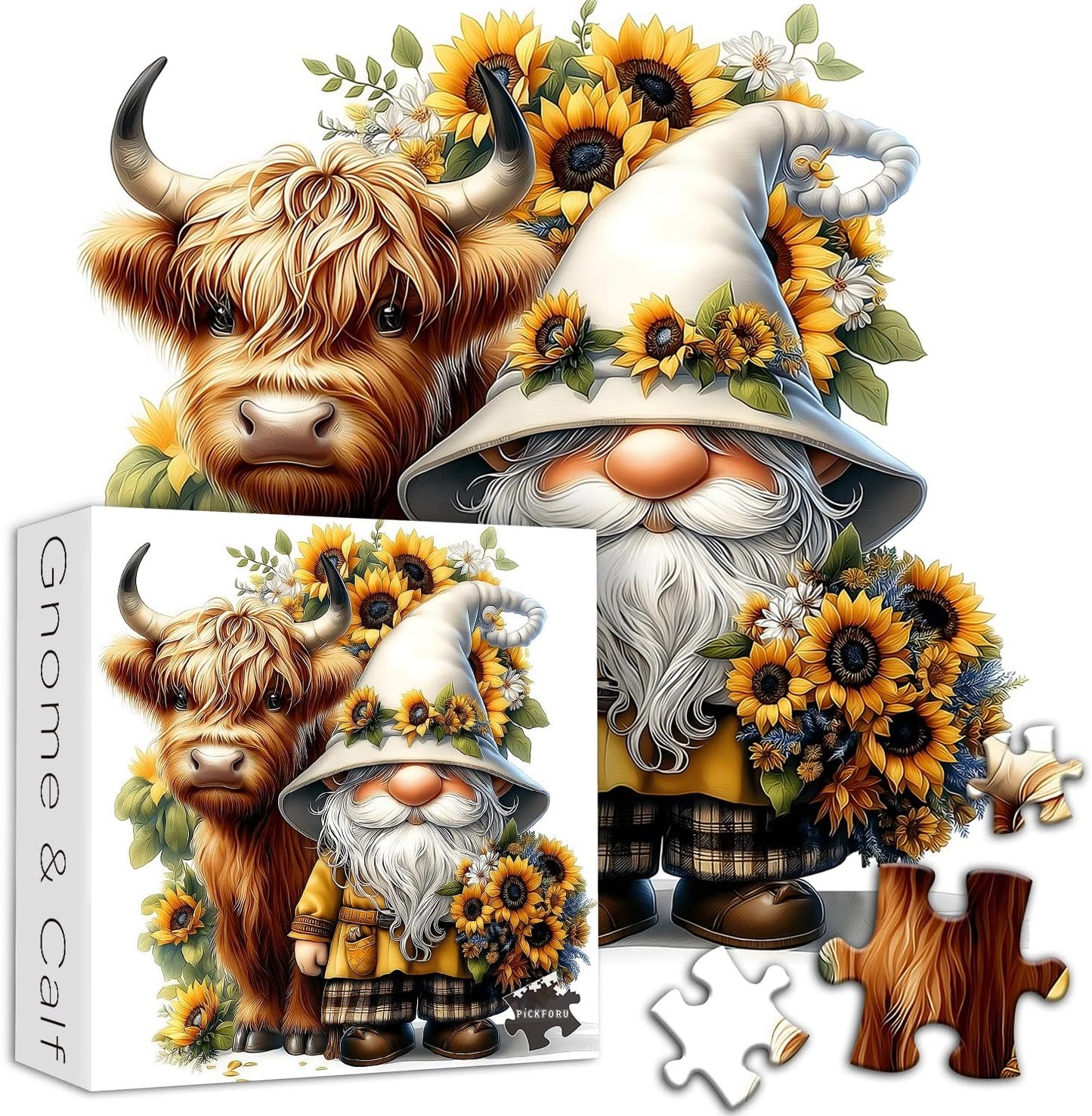 Highland Cow Gnome Puzzles for Adults 1000 Pieces, Nature Sunflower and Cow Puzzles, Animal Plant Floral Themed Jigsaw Puzzles Challenging for Adults