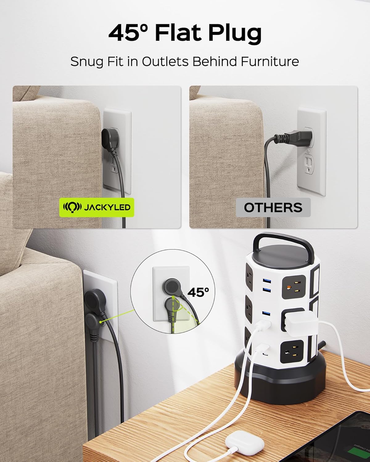 【10ft】 Power Strip Tower JACKYLED Surge Protector Electric Charging Station with 13A 12 Outlets 6 USB Ports Heavy Duty Extension Cord for Home Office Computer Nightstand Laptop Phone White Black