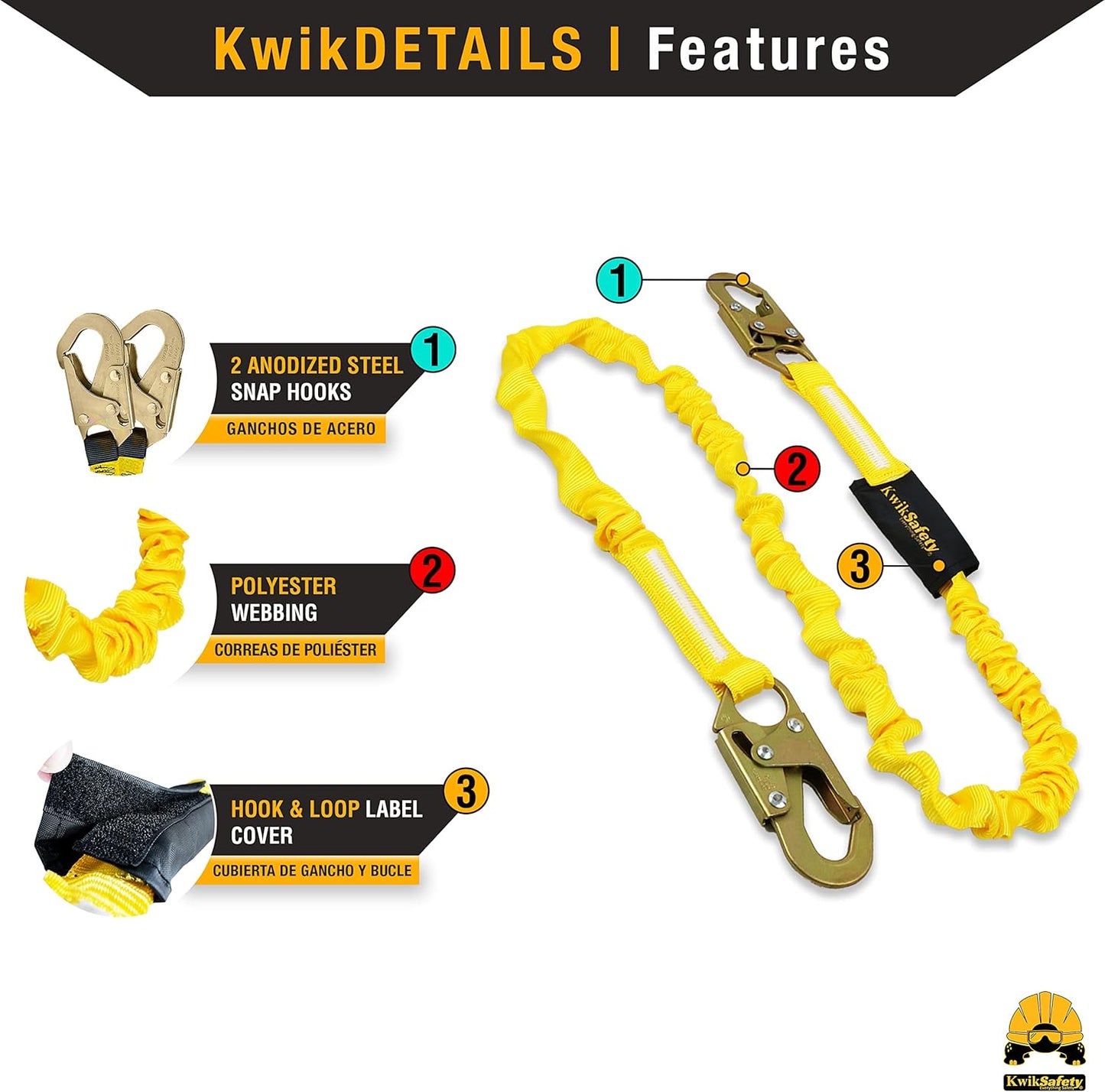KwikSafety - Charlotte, NC - RATTLER [1 PACK] Internal Shock Absorber Single Leg 6ft Safety Lanyard OSHA ANSI Fall Arrest Protection Equipment Snap Hooks Construction Arborist Roofing