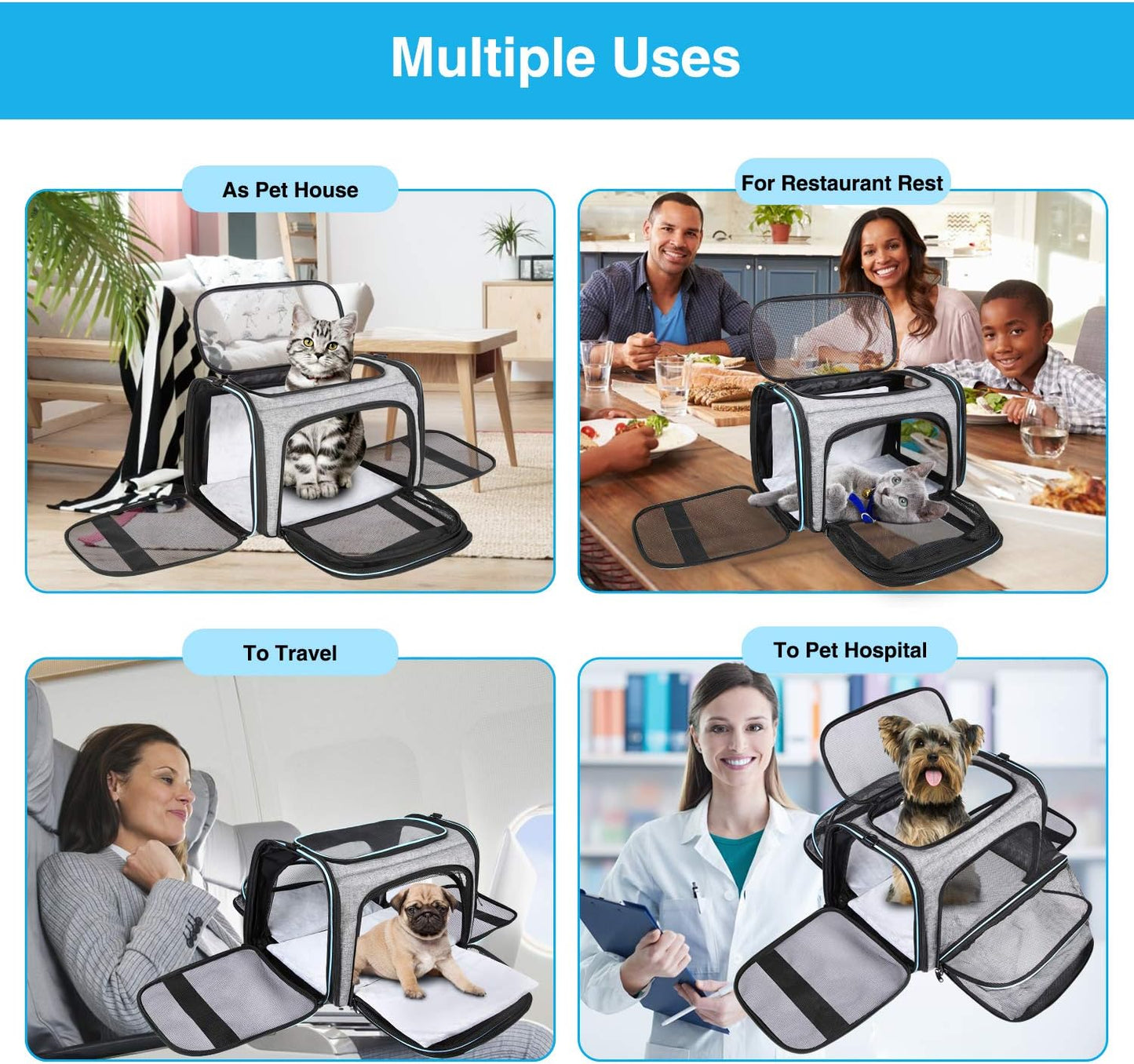 Airline Approved Portable Pet Carrier 2 Sides Expandable Soft-Sided Large Cats Carrier Collapsible Kennel Travel TSA Carrier 4 Doors with Removable Pads and 3 Pockets for Puppy Small Dogs