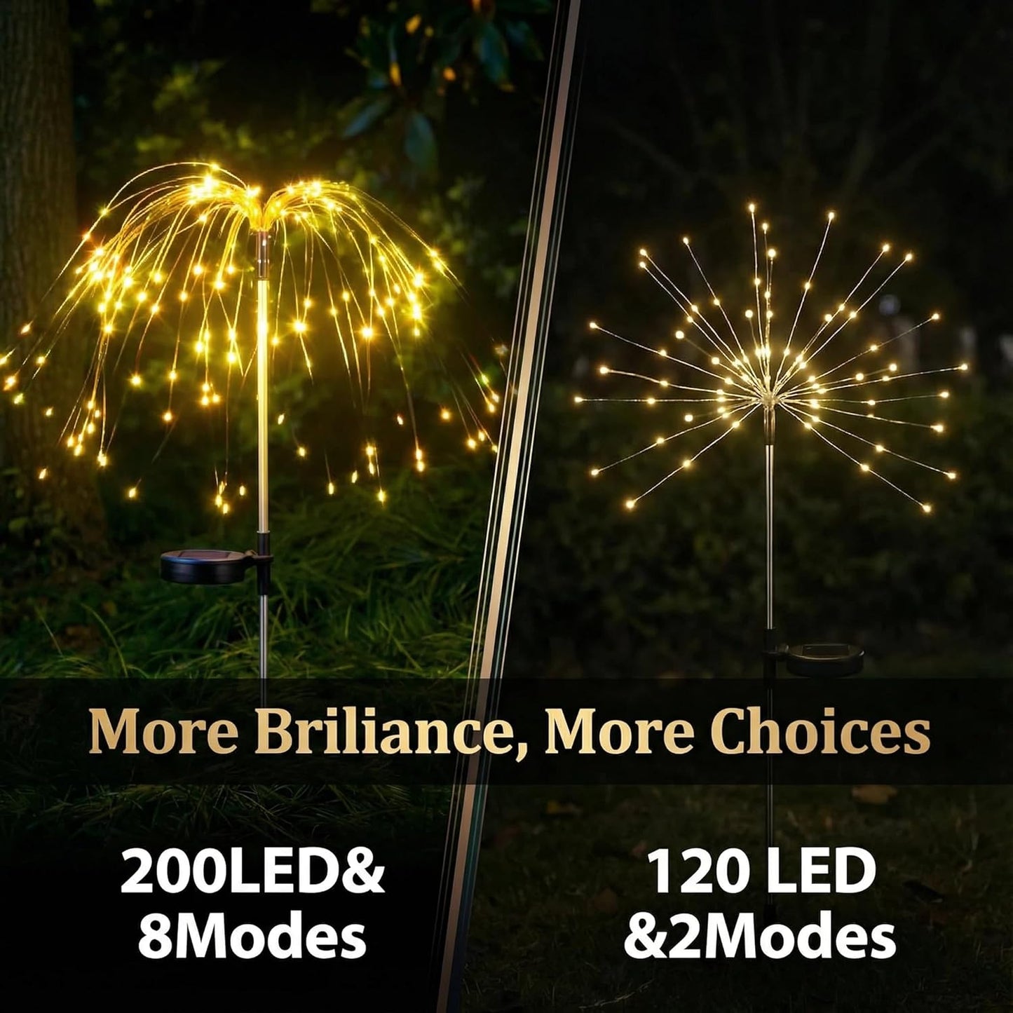 2 Pack Solar Firework Lights Outdoor - Verified 200 LED & 8 Modes - Starburst Solar Powered Garden Lights, Reinforced Durable Stakes, Waterproof Pathway Walkway Lights for Yard Patio Decor
