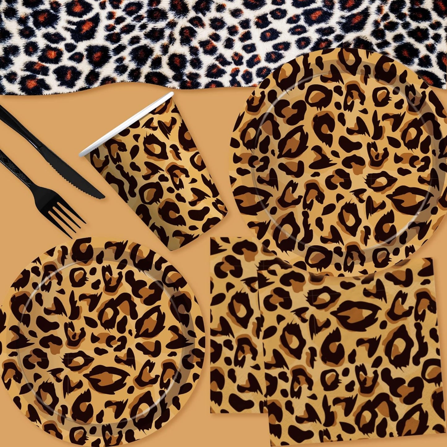 Leopard Print Party Supplies - Cheetah Print Party Decorations Tableware, Plate, Cup, Napkin, Tablecloth, Cutlery, Safari Animal Leopard Theme Birthday Baby Shower Party Supplies | Serve 24