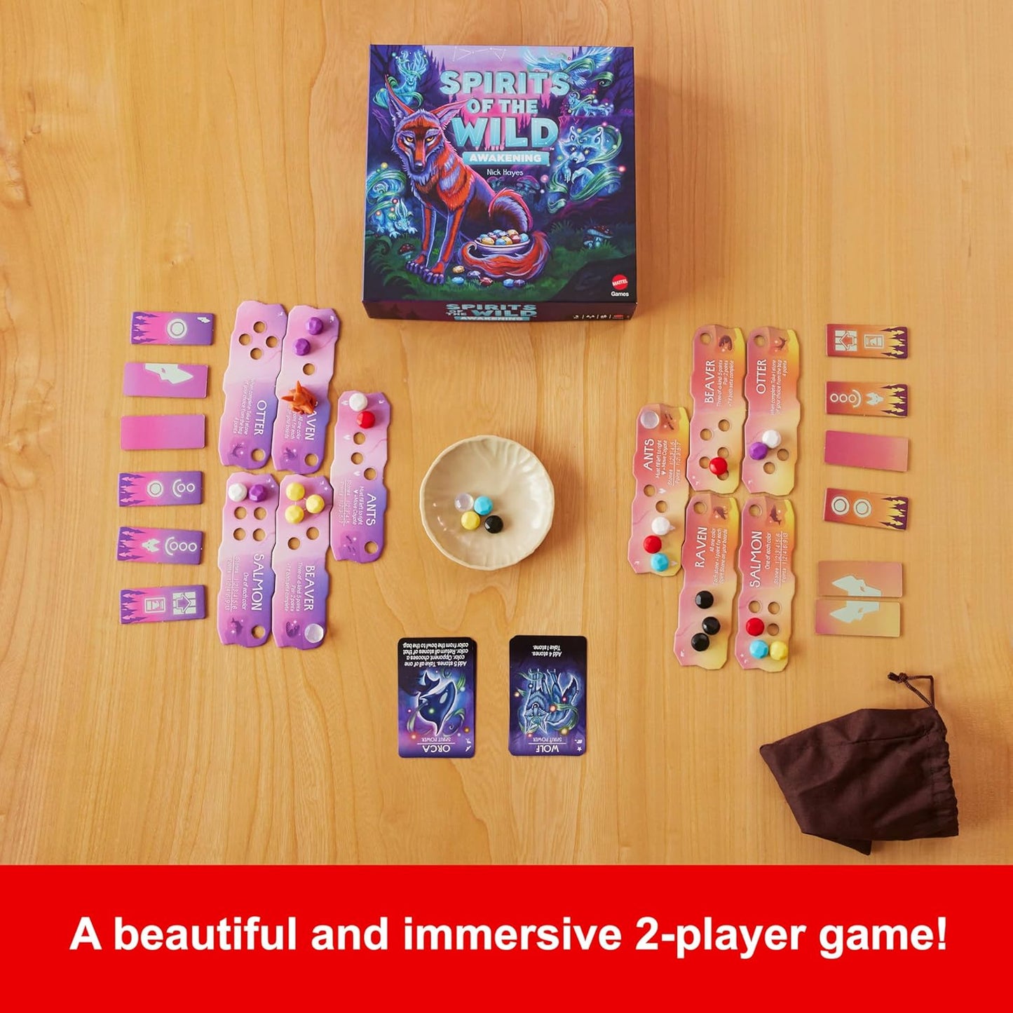Mattel Games Spirits of the Wild: Awakening Relaxing, Light Strategy Board Game for 2 Players with Stones, Bowl and Coyote Figure