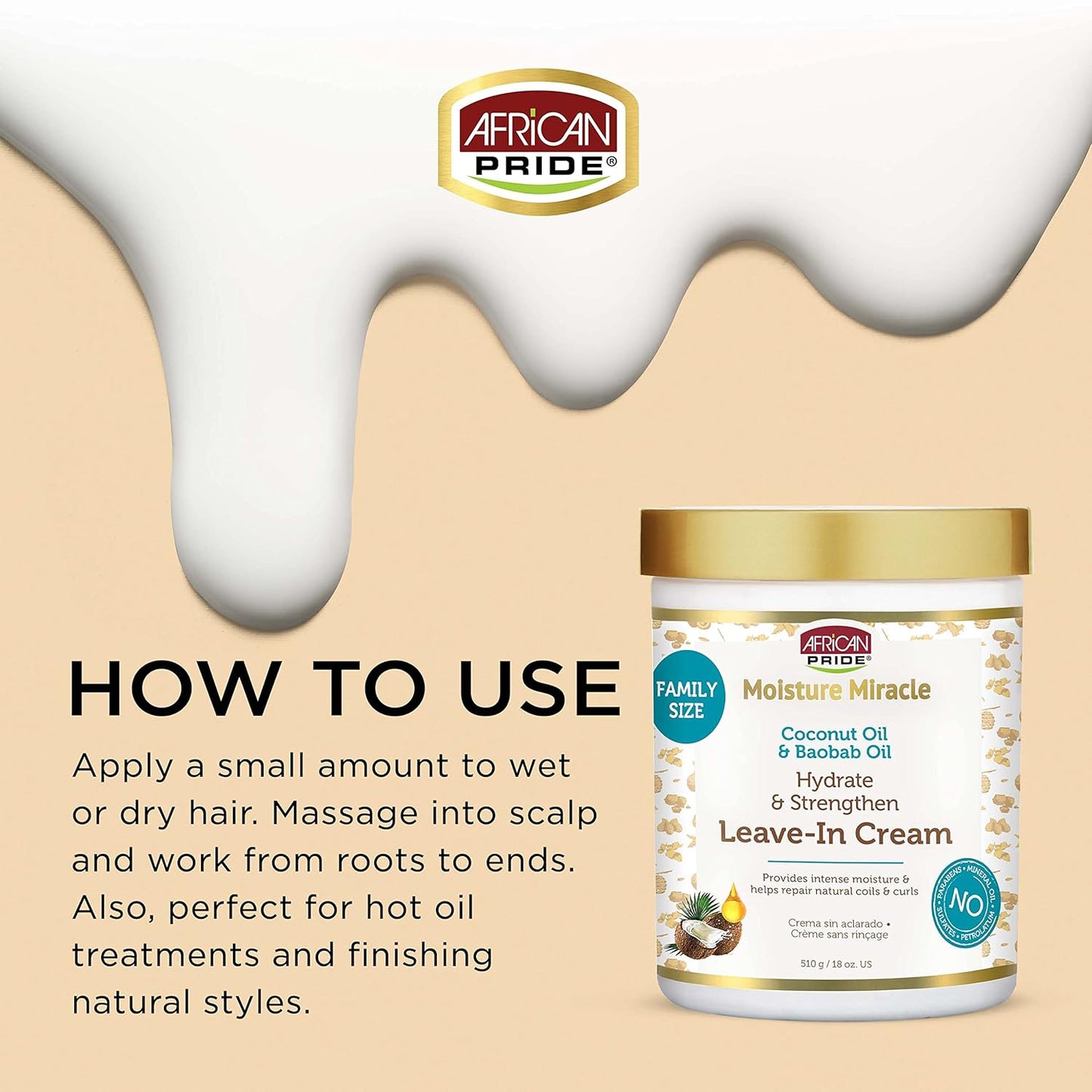 African Pride Moisture Miracle Leave-In Cream with Baobab Oil & Coconut Oil for Coily & Curly Hair, Adds Moisture, Helps Repair & Strengthen, 18 oz