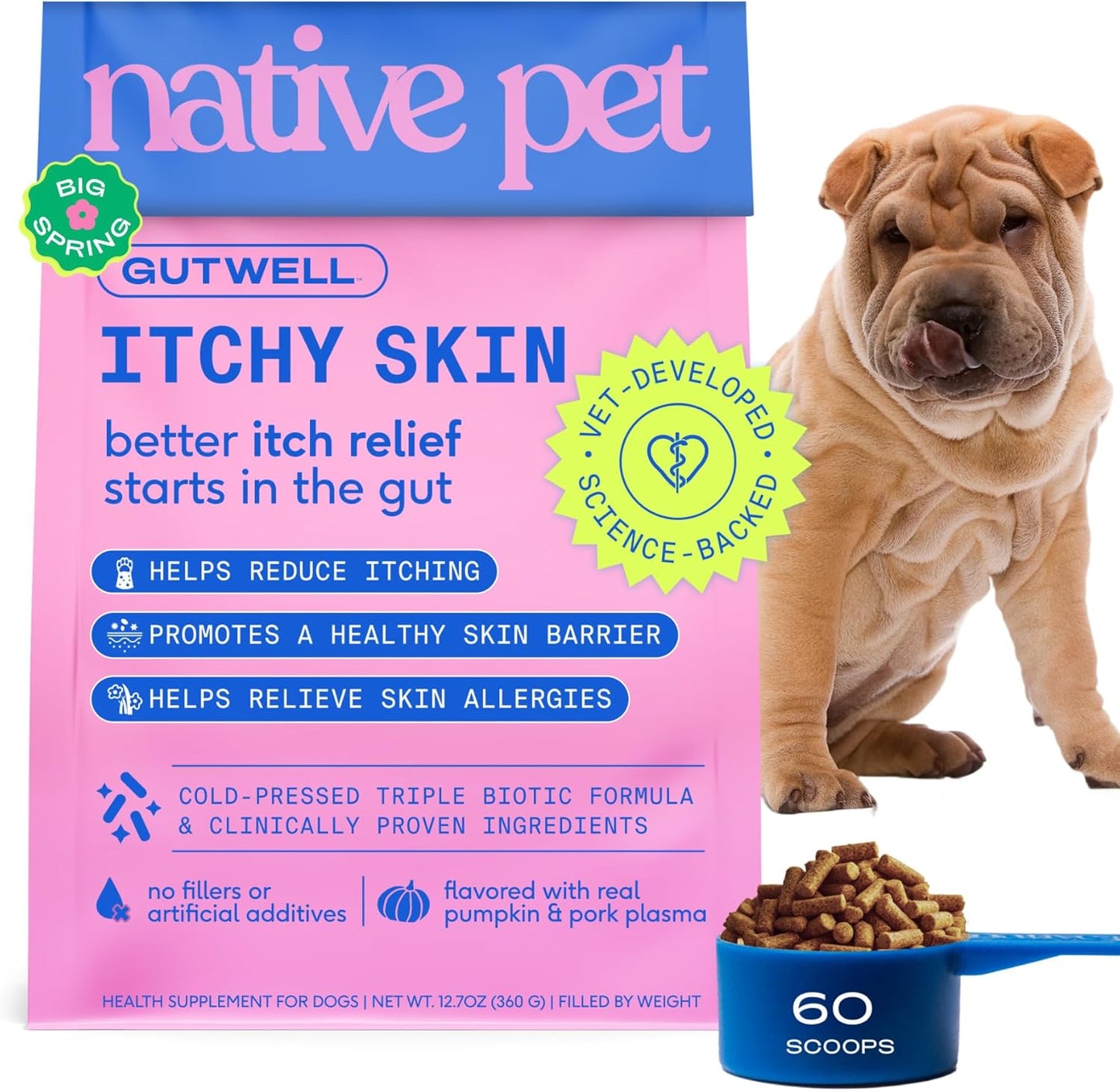 GutWell Itchy Skin - Dog Itching Skin Relief & Seasonal Allergy Itch Relief for Dogs - Promotes Skin Hydration, Elasticity & Healthy Barrier with Triple-biotic Blend, Zinc, & Vitamin E - 60 Scoops
