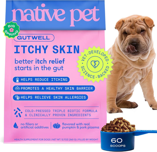 GutWell Itchy Skin - Dog Itching Skin Relief & Seasonal Allergy Itch Relief for Dogs - Promotes Skin Hydration, Elasticity & Healthy Barrier with Triple-biotic Blend, Zinc, & Vitamin E - 60 Scoops