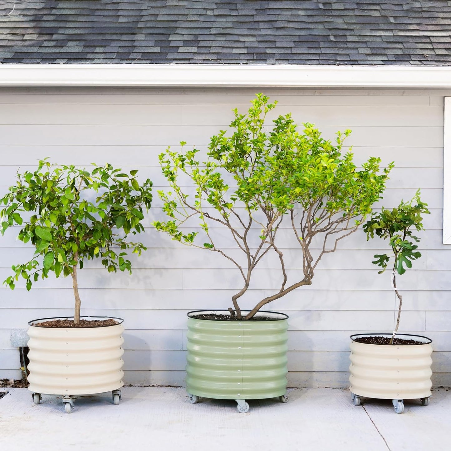 Rolling Metal Citrus Tree Planter Pot, 24″ Round Planter Box for Porch Patio & Backyard, 30 Gallon Large Planter Pot with Wheels for Growing Olive Trees Tomatoes Vegetables and Flowers, Modern Gray