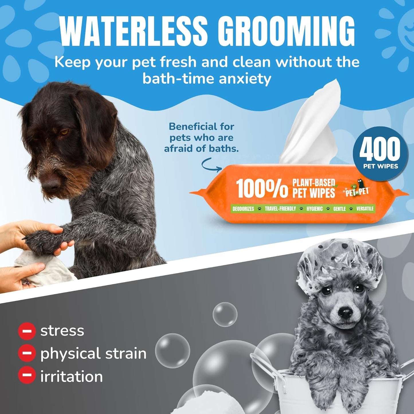 PET N PET 100% Plant Based Dog Wipes for Paws and Butt, 400 Counts Hypoallergenic Unscented Dog Pet Wipes, 8" x 8"