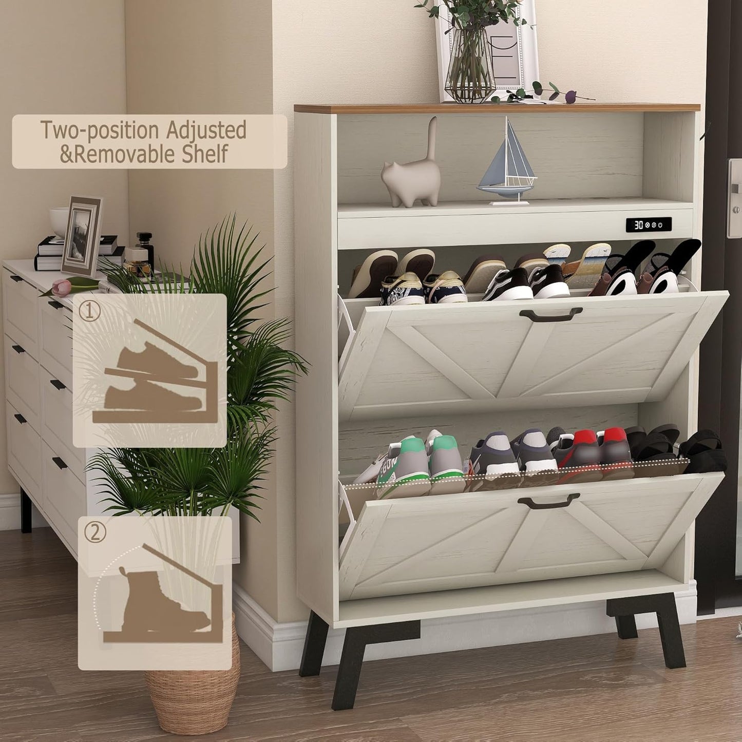 TaoHFE Deodorizing Shoe Organizer Cabinet Storage for Entryway,Shoe Cabinet Storage with 2 Flip Drawers,White Fluted Shoe Cabinet with Air-Purifier,Farmhouse Hidden Cabinet