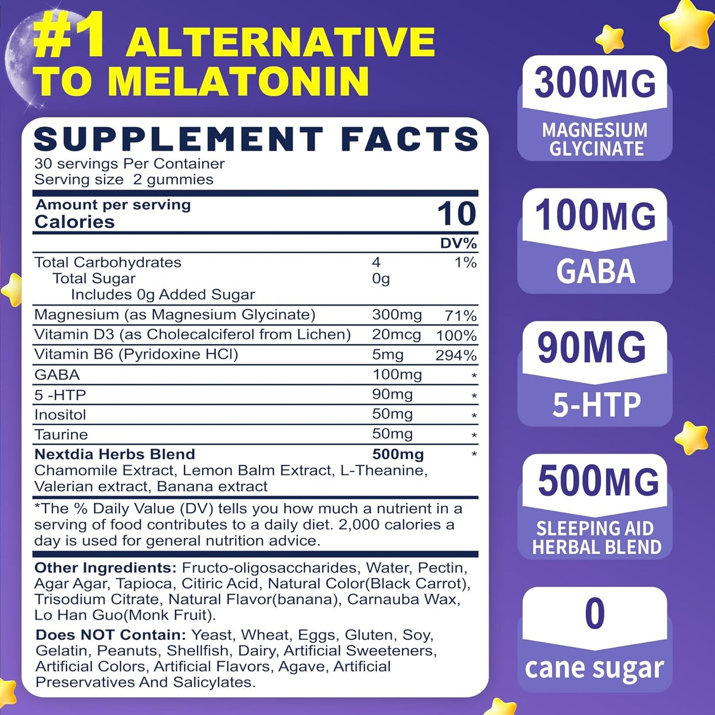 Melatonin Free Sleep Gummies with Magnesium Glycinate, GABA, 5-HTP, L-Theanine, Valerian, Chamomile, Lemon Balm, Vitamin D3 & B6 - Hormone & Drug- Free, Non-Habit Forming,2 Pack
