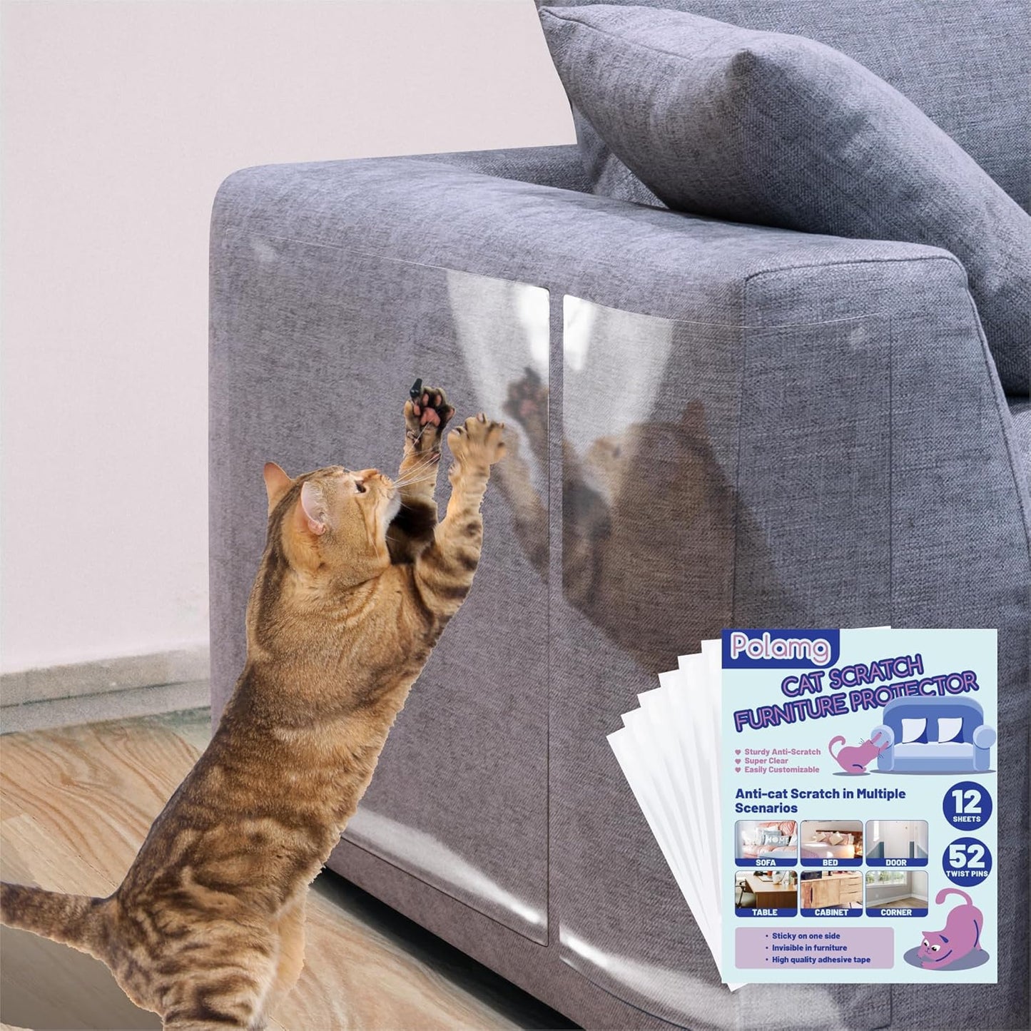 Anti-Cat Scratch Furniture Protector-12-Pack –Single-Sided, Heavy-Duty Self-Adhesive Tape, No-Residue for Couch, Doors & Walls - with 52 Twist Pins
