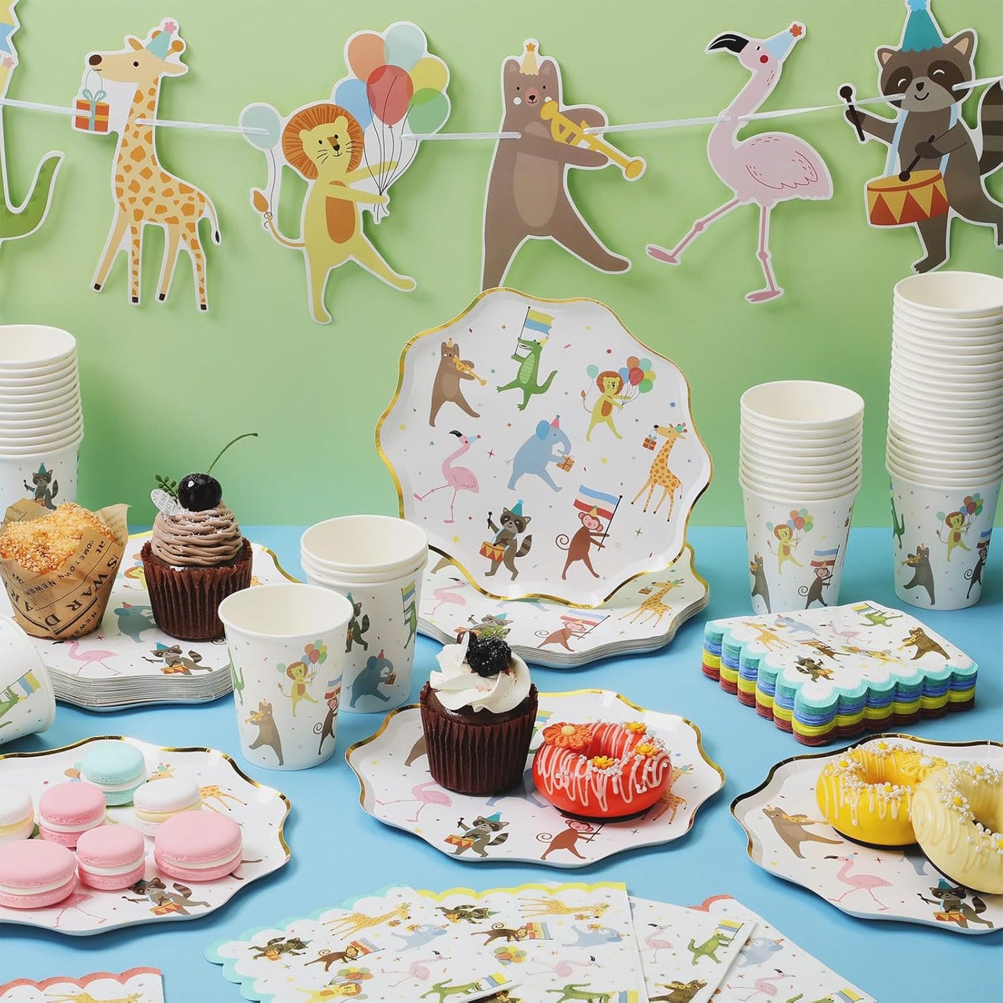 150 Pcs Animal Parade Party Supplies Paper Plates and Napkins Cups Cute Disposable Animal Parade Tableware Set for Birthday Party Decorations, Serve 50 Guests