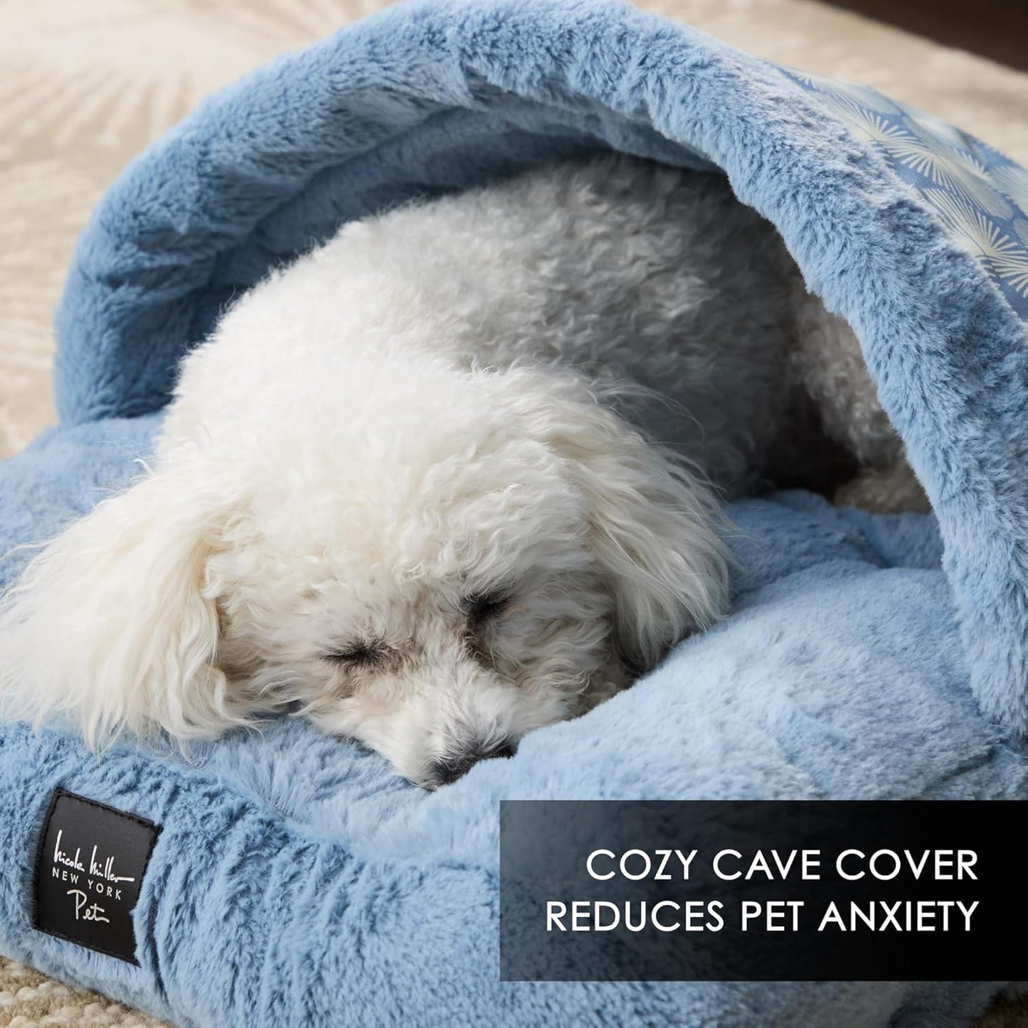 Nicole Miller New York PET Kendall Fluted Geo Cozy Slipper Cave Pet Bed, Cozy & Calming, Non-Slip Bottom, Machine Washable, Blue, Small 22"x17"x11"