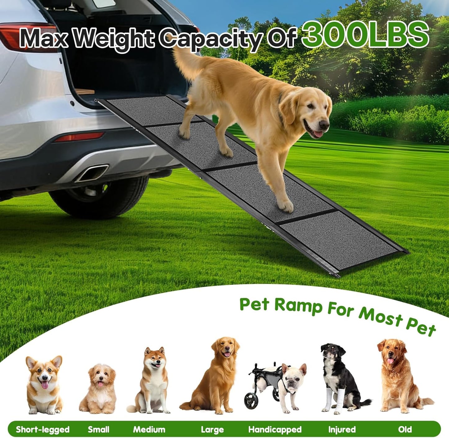 HEALLILY Dog ramp for Car, 71''x 20'' Dog Ramps for Large Dogs, Folding Outdoor Dog Ramps for Stairs, Up to 300LBS, Non-Slip Rug Surface, 5s installation, Dogs Car Steps for Large Dogs Suv, Truck, LKW