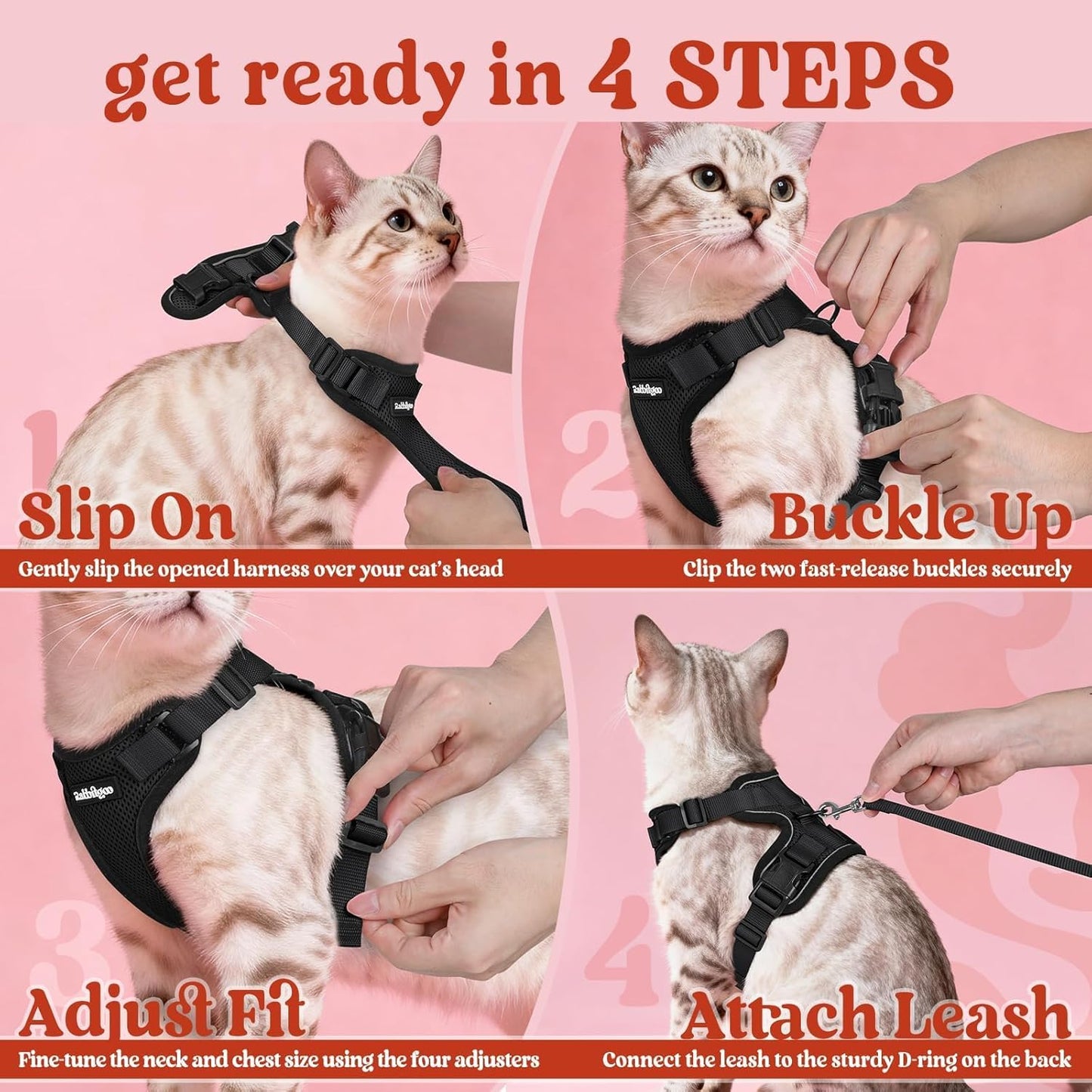 rabbitgoo Cat Harness and Leash for Walking, Escape Proof Soft Adjustable Vest Harnesses for Cats, Easy Control Breathable Reflective Strips Jacket, Black, XS