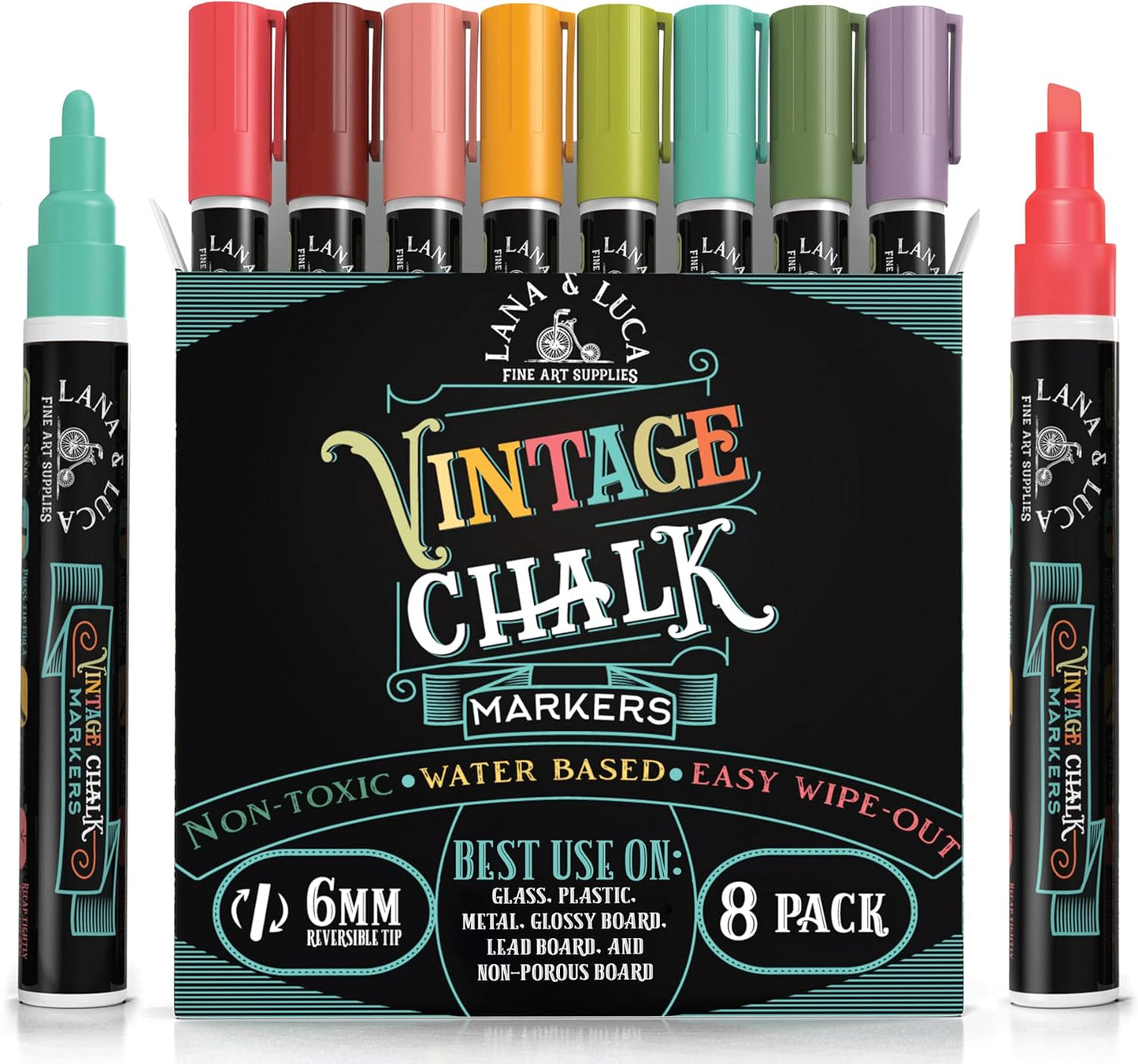 LANA & LUCA Liquid Chalk Markers for Blackboards - Wet Erase Marker Pens - Chalk Markers for Chalkboards Signs, Windows, Blackboard, Glass - 6mm Reversible Tip (8 Pack) - Vintage Colors Multicolor