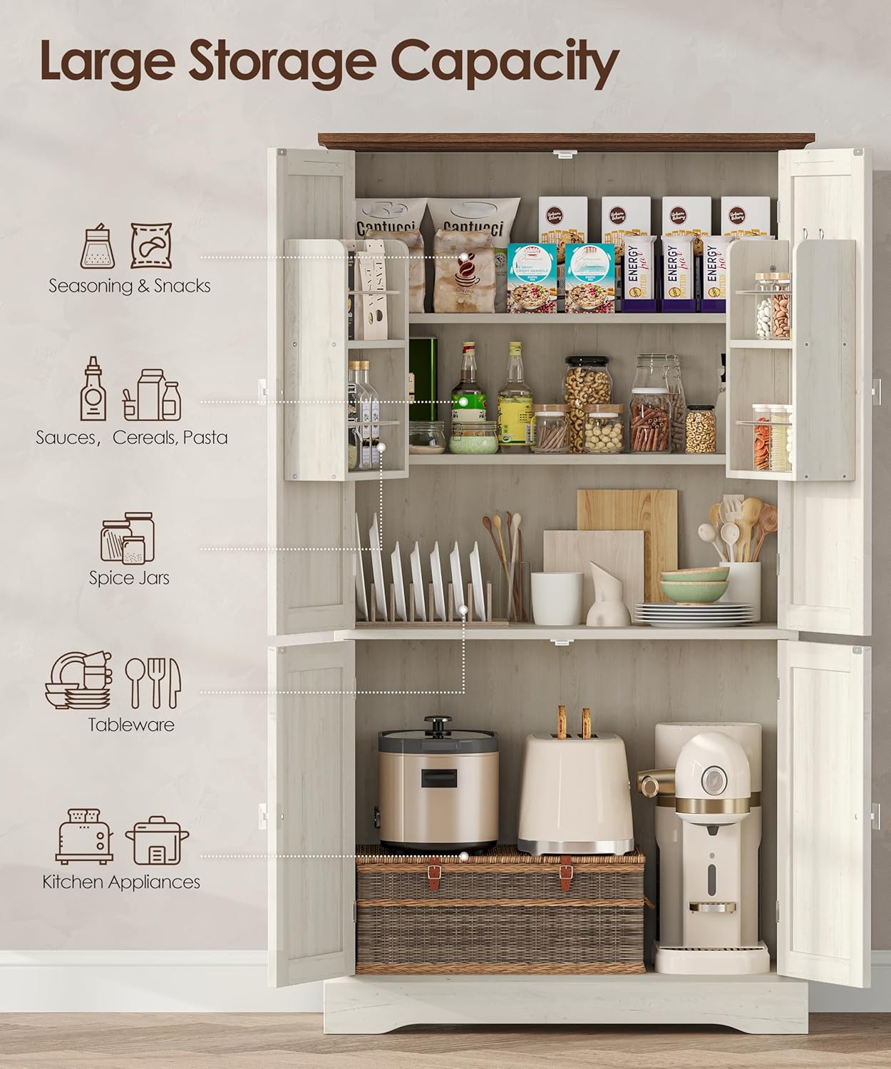 53.1" H Tall Bathroom Storage Cabinet with 4 Door Shelves, Linen Bathroom Floor Cabinet with 4 Doors, Pantry Cabinet for Bathroom, Living Room, Kitchen, Rustic White