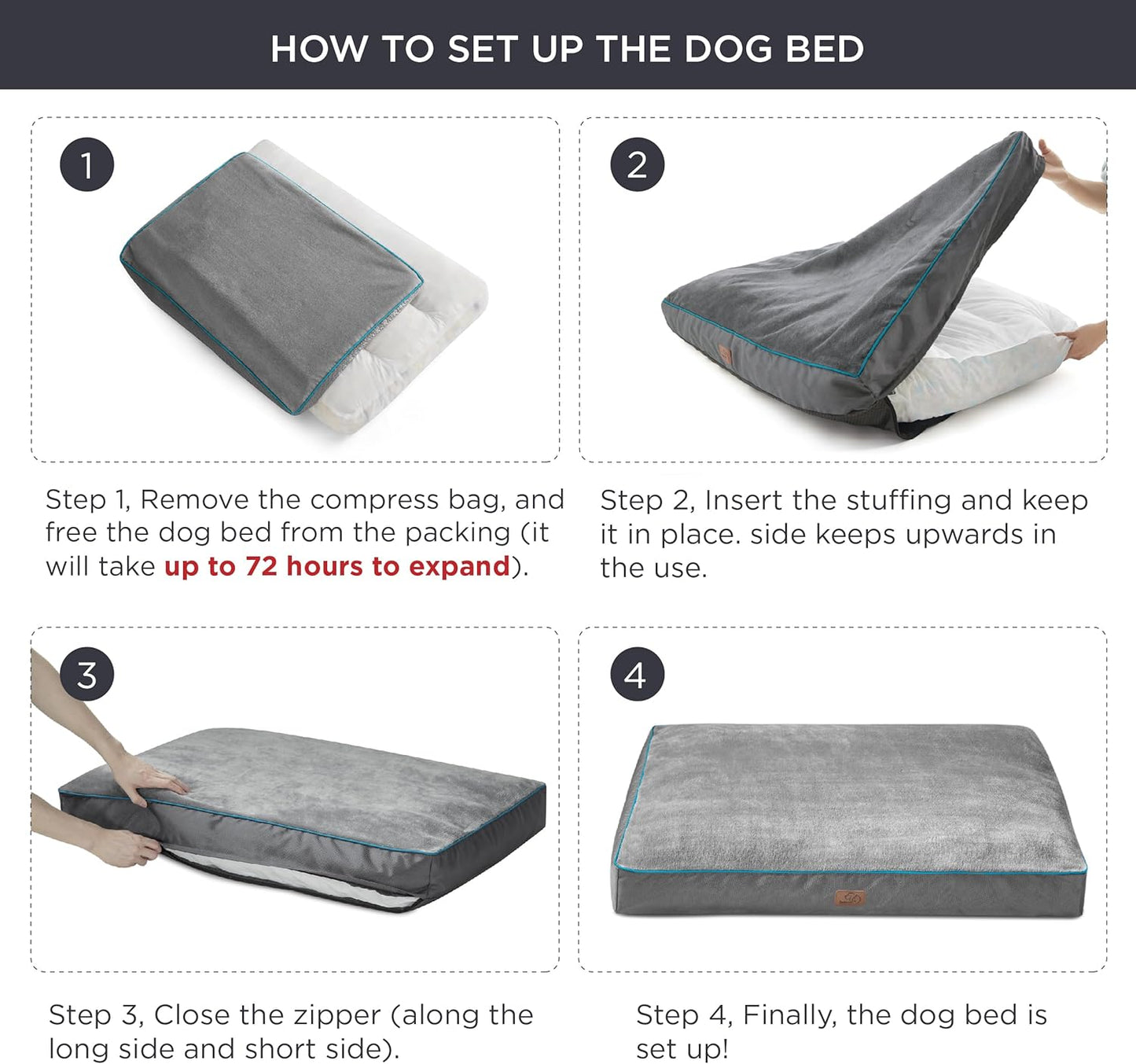 Bedsure Washable Dog Beds Large Sized Dog - 3 Inch Thicken Up to 80lbs Pet Mat Pillows with Removable Washable Cover, Grey