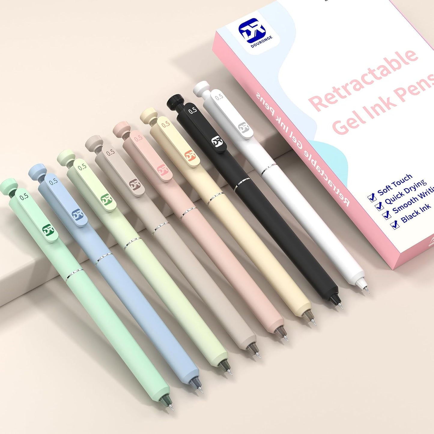 8Pcs Aesthetic Retractable Gel Pens, Quick Drying Fine Point 0.5mm Black Ink Pen, Extra Smoooth Writing Pens for Journaling, Note Taking, Cute Stationery School Office Supplies Gift for Women and Man