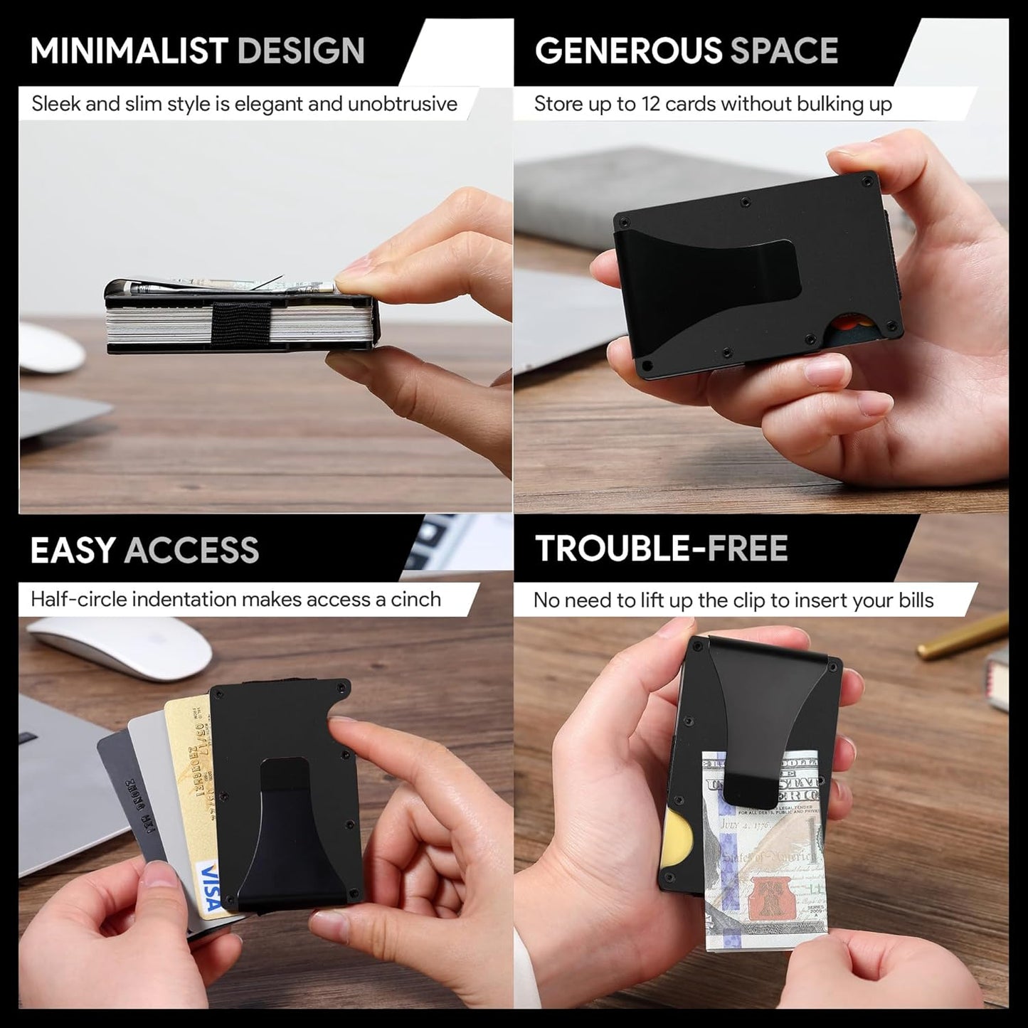 Wallet for Men, Slim Minimalist Carbon Fiber Wallet with Metal Money Clip/Cash Strap, RFID Blocking Aluminum Card Holder,Matte Black