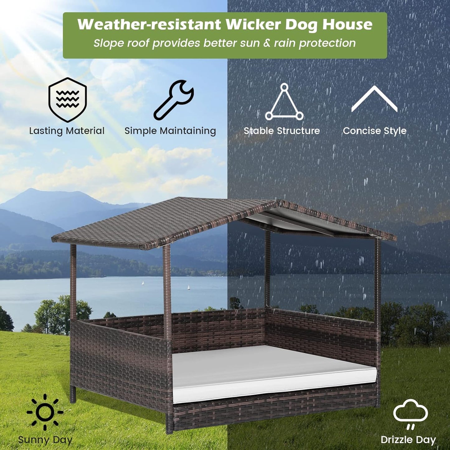 Tangkula Wicker Dog House, Indoor Outdoor Raised Rattan Dog Bed w/Removable Cushion, Washable Cover, Weatherproof Roof, Rattan Puppy Shelter w/Elevated Floor for Small Medium Dogs (White)