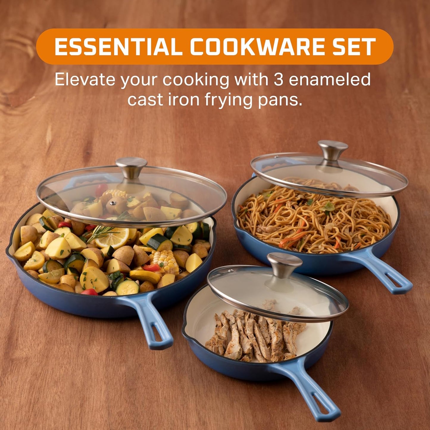 Bruntmor Enameled Cast Iron Frying Pan Set - 8" 10" 12" Blue Enamel Nonstick Skillets with Tempered Glass Lid - Oven Safe Egg and Grill Pan Set for Cooking, Searing, and Frying