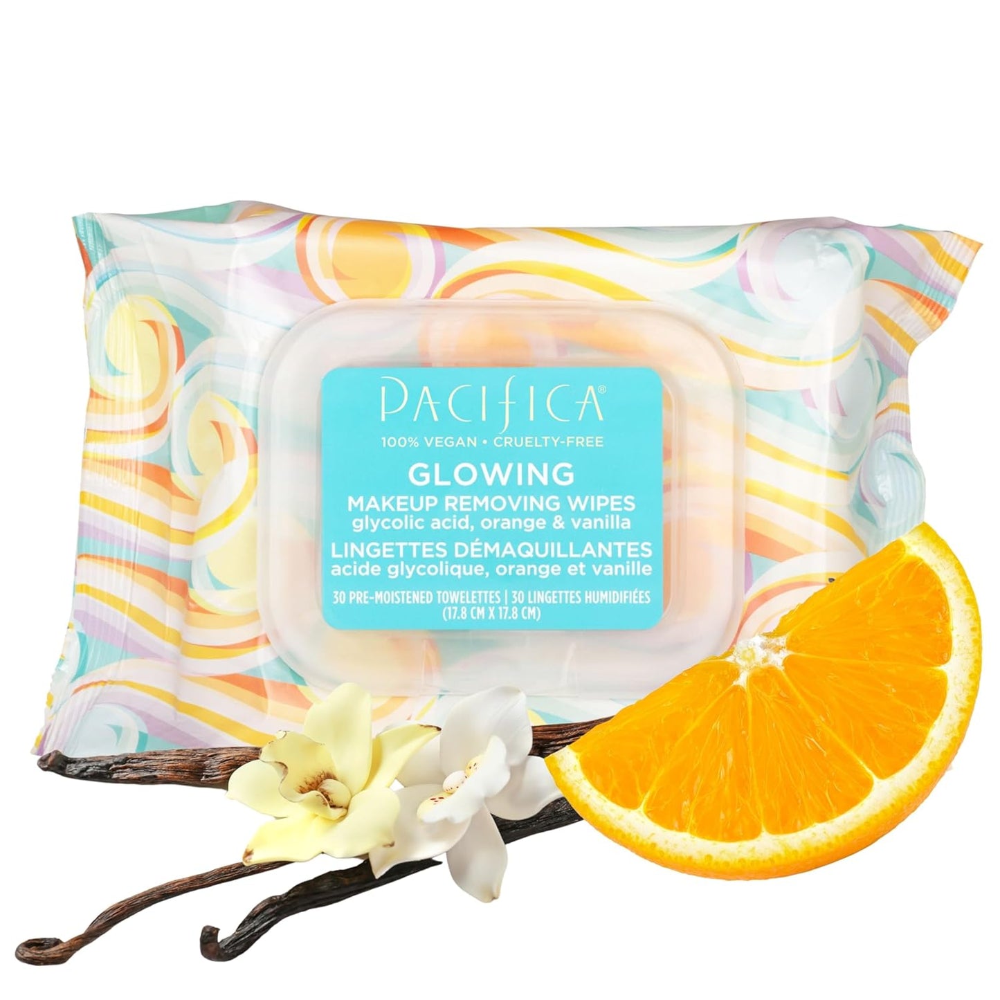 Pacifica Glowing Makeup Remover Wipes – With Glycolic Acid for AHA Exfoliating and Facial Cleansing – No Rinse Face Cleaning Towelettes – Dermatologist Tested, Vegan & Cruelty-Free – 30 Pack