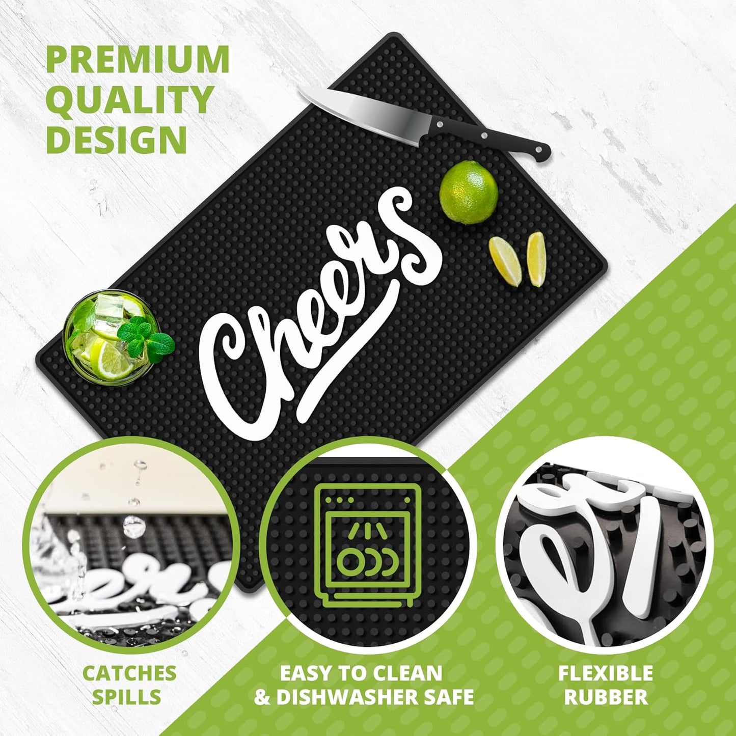 Cheers Bar Mat – Heavy Duty 18"x12" Rubber Bar Mats for Countertop, Non-Slip Bartender & Spill Mat for Home Bar, Cocktail Service & Bar Cart