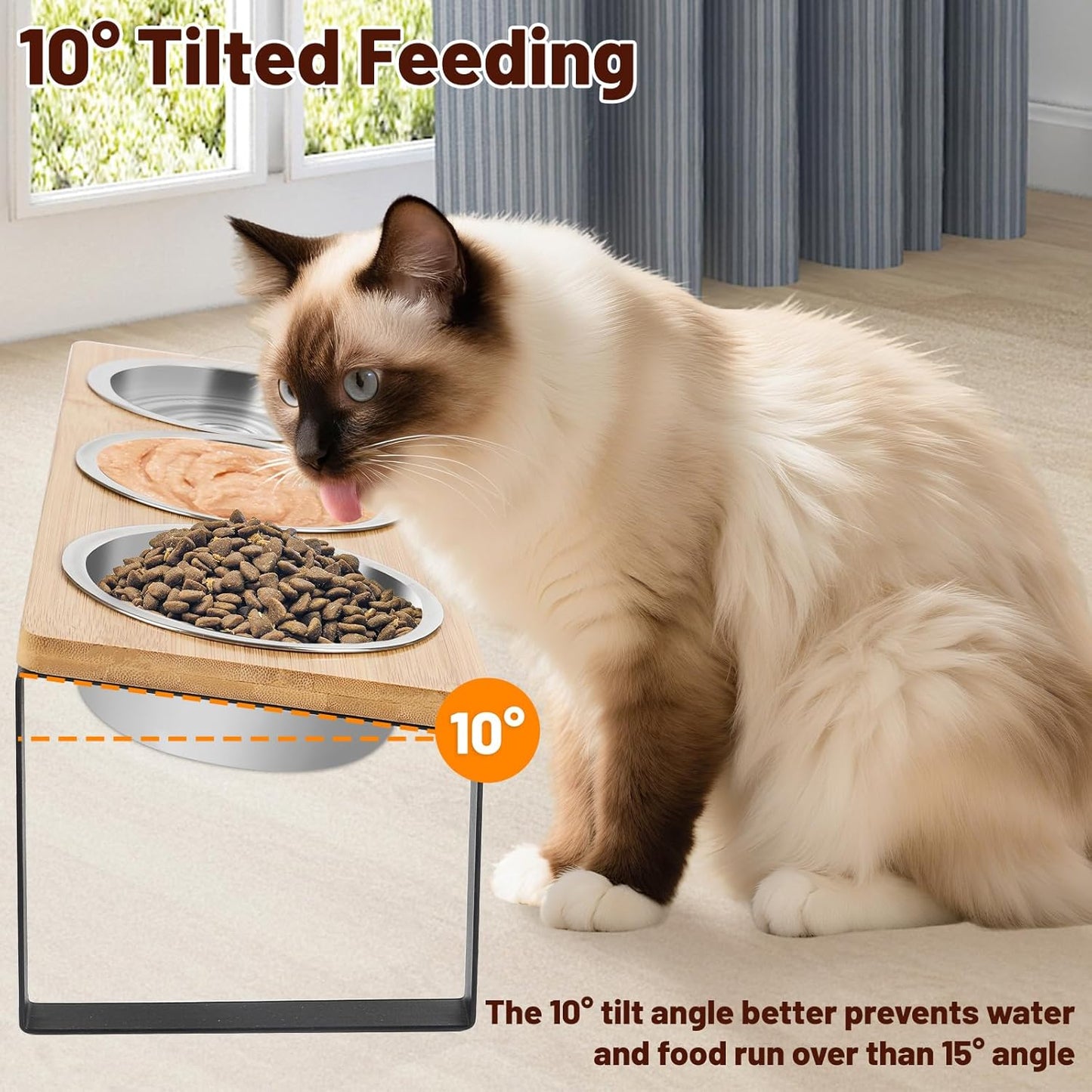 Elevated Cat Bowl, Raised Cat Food Bowls with 10° Tilted Stands, 3 Stainless Steel Bowls for Wet, Dry & Water, Hold by Bamboo Board, Anti Vomiting Cat Feeding Bowls with 4 Non-Slip Pads