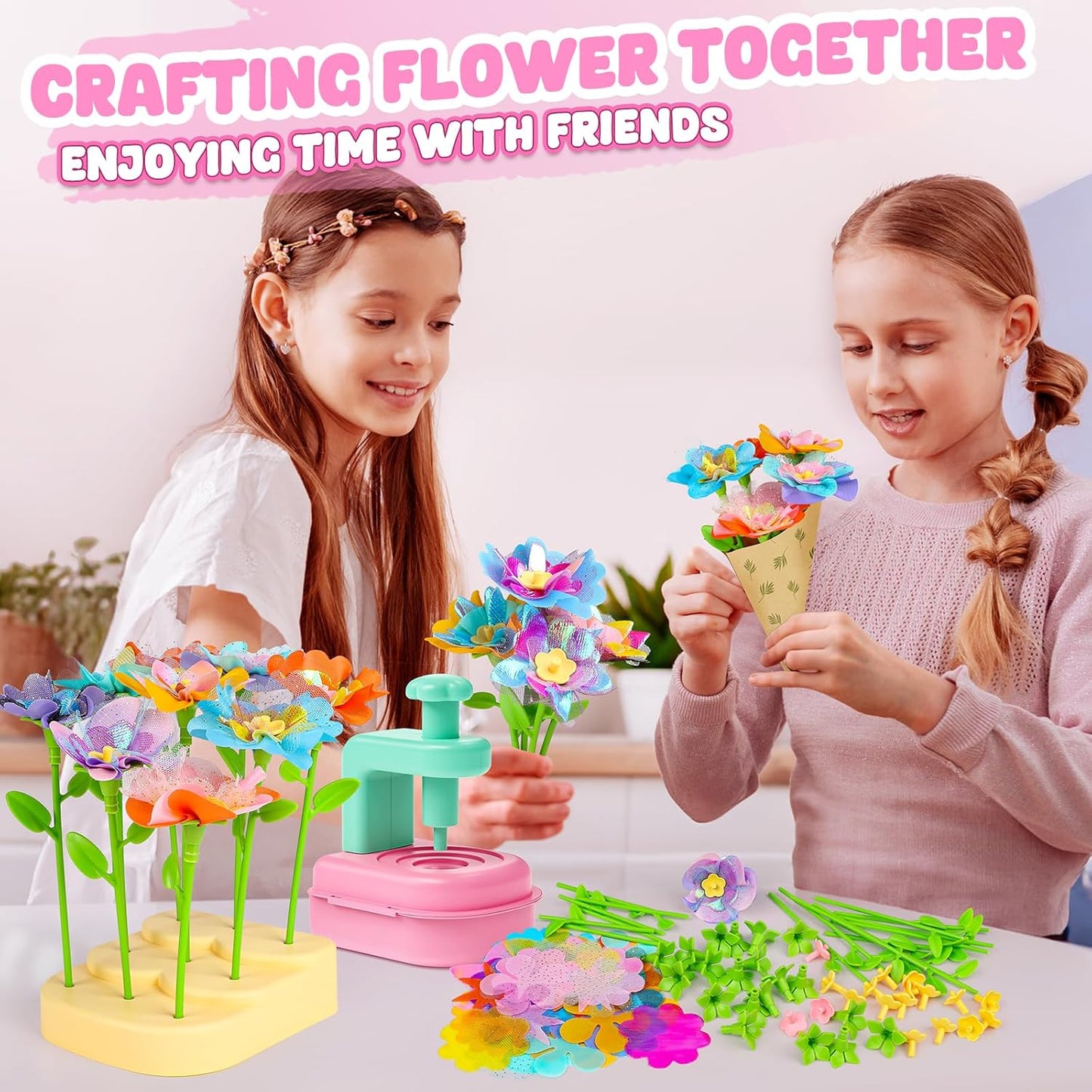 beefunni Flower Bouquet Craft Kits, DIY Arts and Crafts for Kids 4-6-8, Upgrade Colorful Flowers Toys for 4 5 6 7 8+Year Old Girl Birthday Gifts Ideas, Easter Basket Stuffers Gifts for Kids Toddler