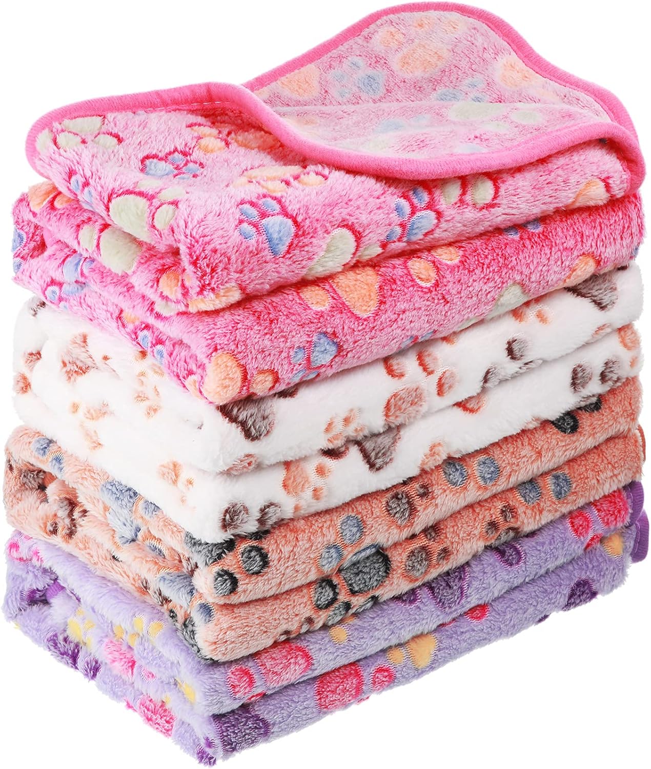 Tatuo 4 Pcs Dog Blanket for Pet Cat Blankets Indoor Puppy Teething Stuff Toys Paw Print Fleece Soft Blanket Sleep Mat for Guinea Pig Cage(White, Coffee, Pink, Purple,Small(24 x 16 Inch),Square)