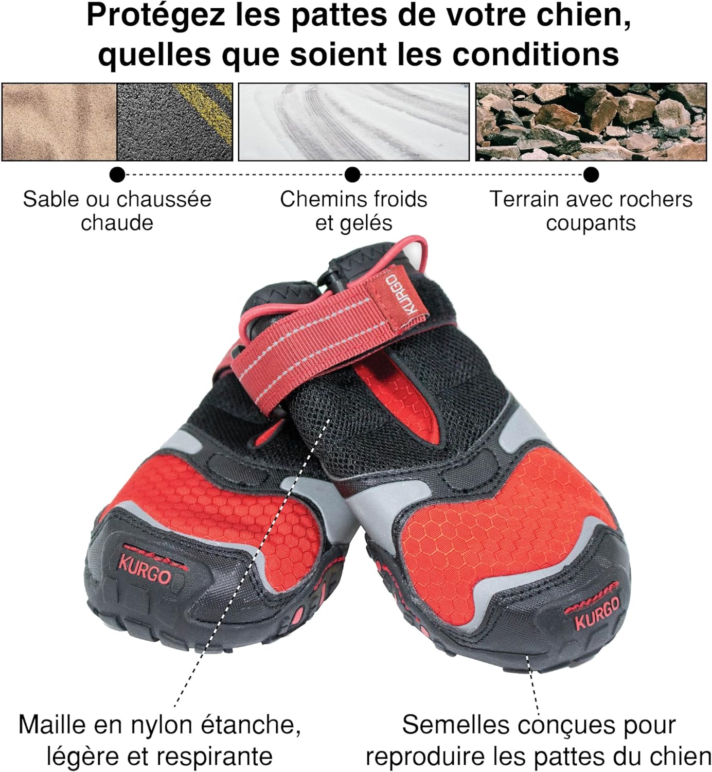 Kurgo Blaze Dog Boots - Protects Paws in All Seasons - Breathable Fabric - Water Resistant Dog Shoes - Dual Ankle Closure - Reflective Dog Boots - Includes 2 Shoes - Chili Red/Black - L
