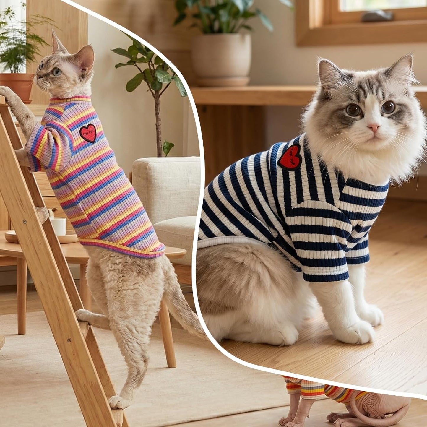 DENTRUN Hairless Cats Shirt Breathable Cat Daily Wear Clothes Stripe Vest Adorable Pajamas Jumpsuit Soft & Skin-Friendly