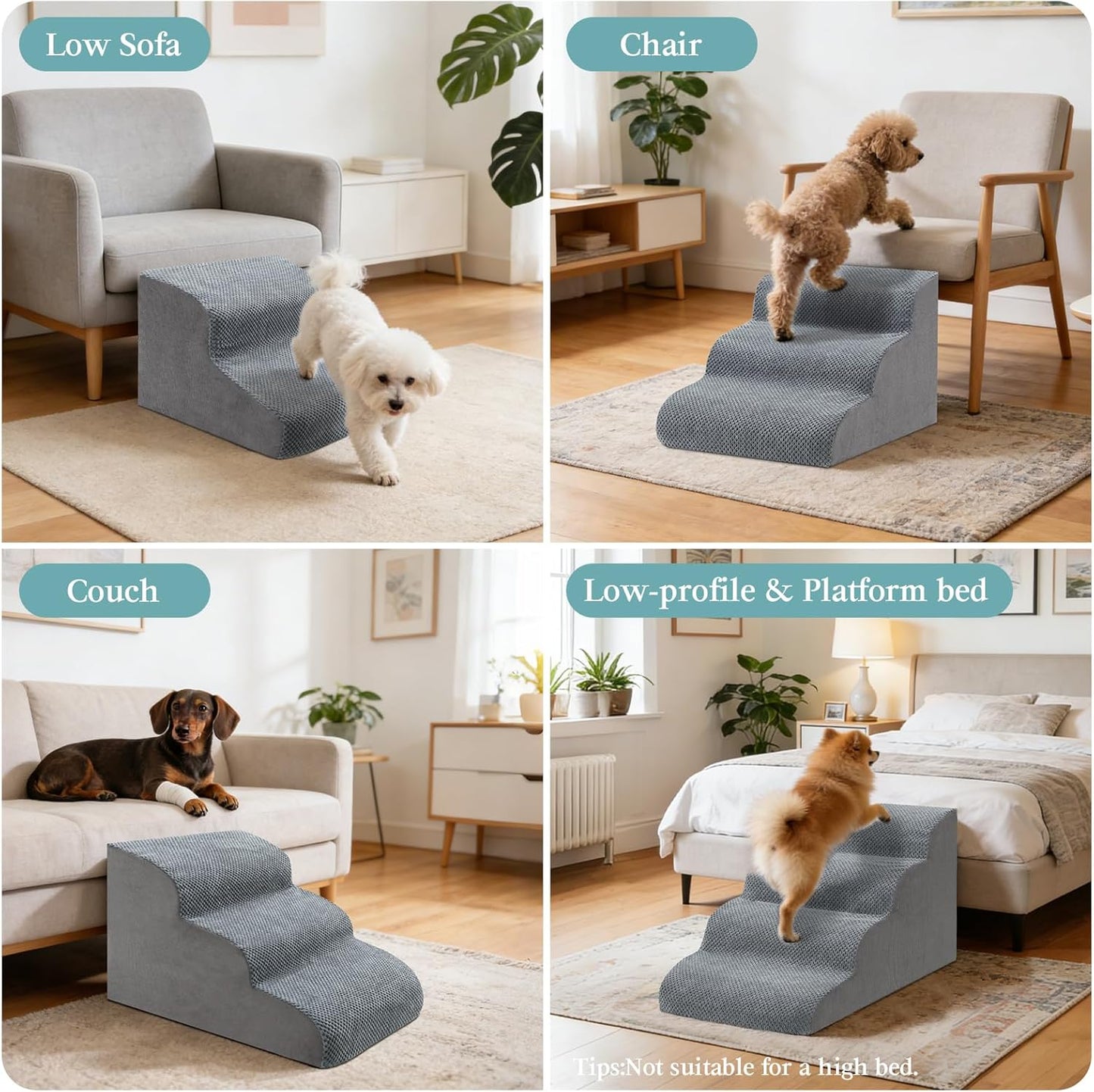 Dog Stairs for Small Dogs, 3-Step Dog Steps for Couch Sofa and Chairs, High-Density Foam Pet Steps Ramp with Removable Washable Cover for Older Injured Puppy Dogs and Cats, 13.78" H, Grey