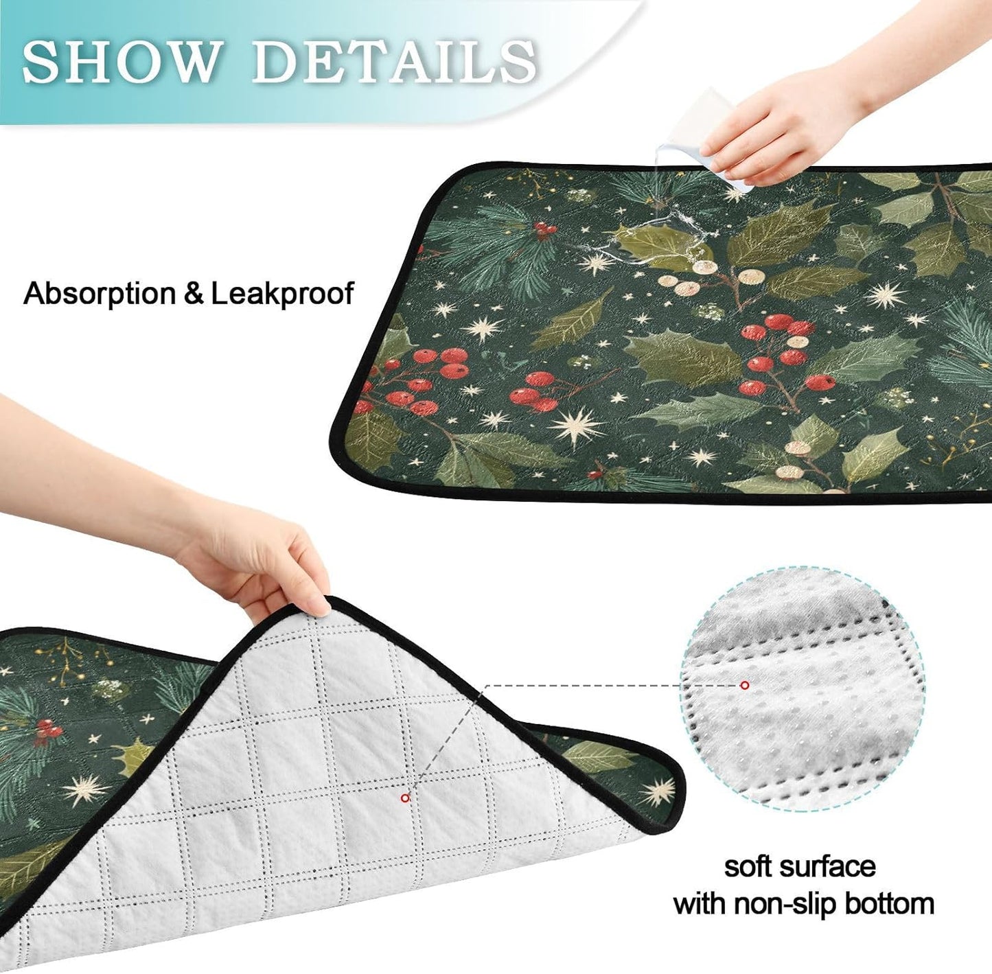 Green Christmas Holly Berries Pine Needles Leaves Washable Pee Pads for Dogs Reusable Puppy Pad 3Pack Super Absorbent Non Slip Lightweight Protect Small Pet Pads Couch Playpen Housebreaking 2